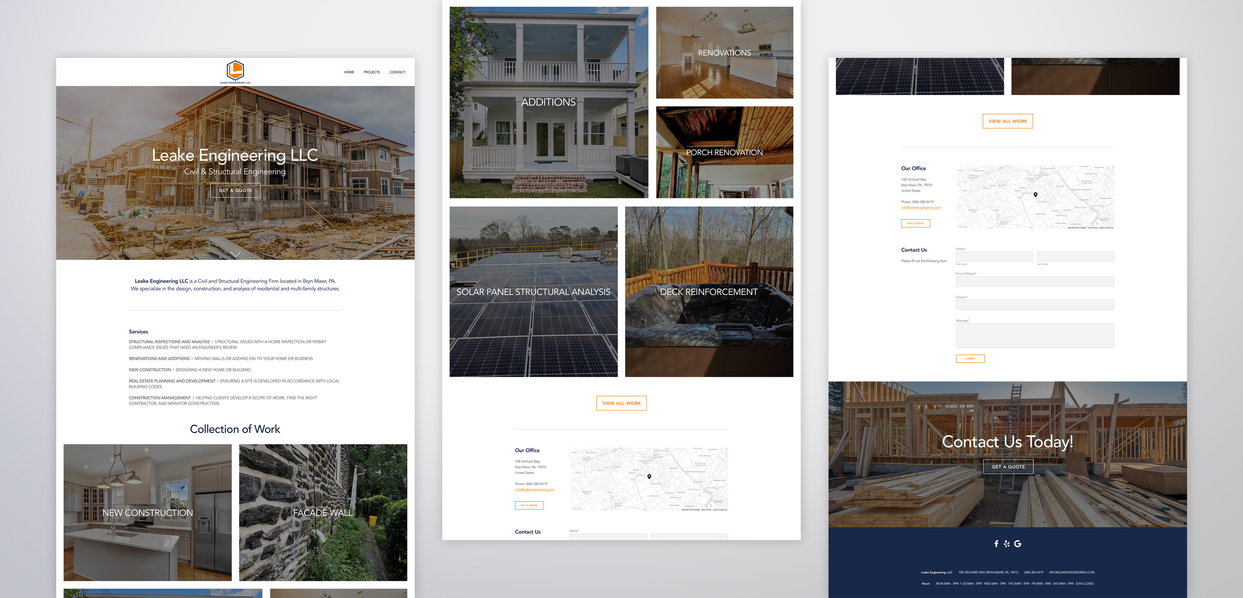 Screenshots of a construction company's website showcasing various phases of building projects, including home additions, renovations, solar panel installation, porch renovation, new construction, and facade wall work.