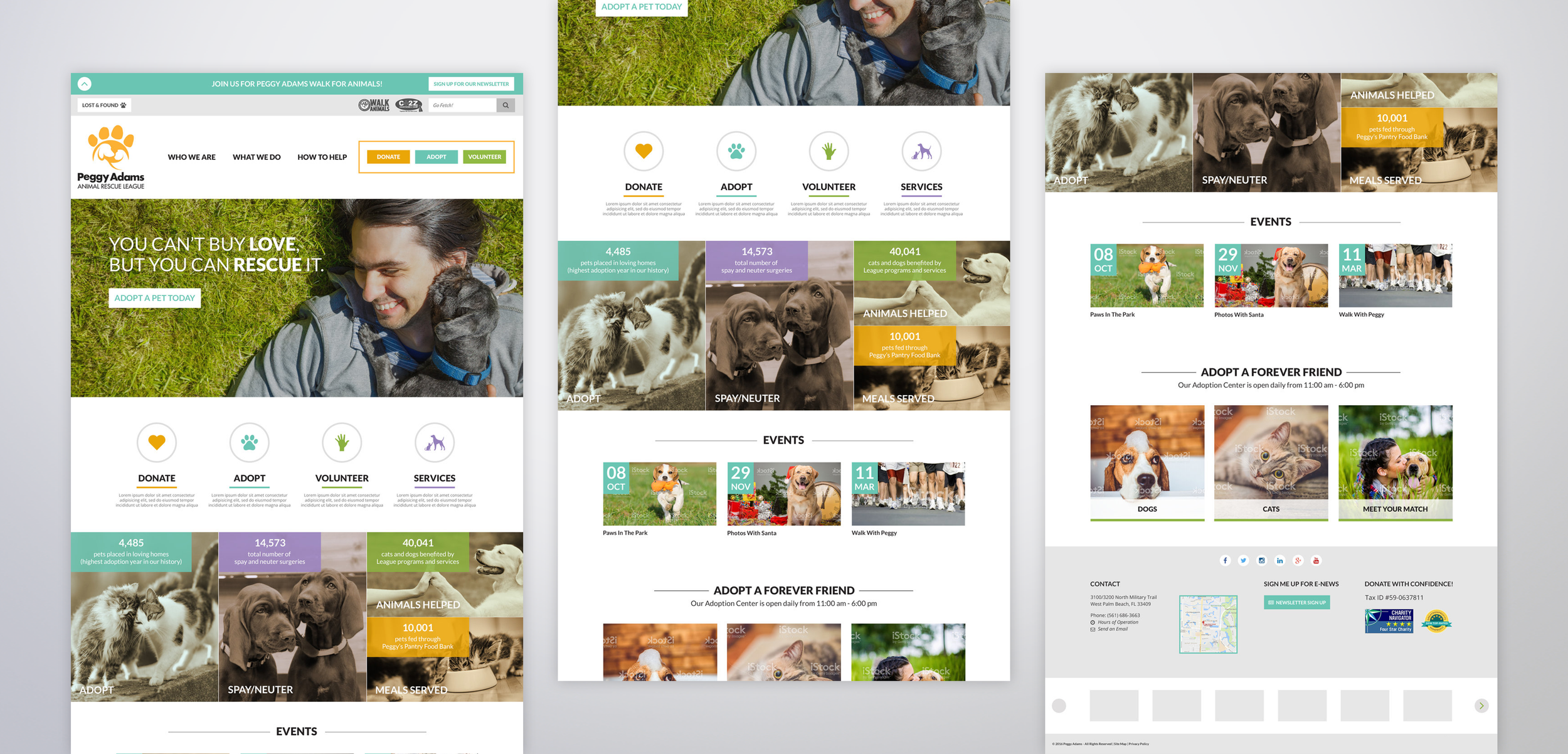Design mockup of an animal rescue organization website showcasing their mission to rescue animals. Features include a large photo of a man with a puppy on a grassy background, navigation menu, donation and adoption buttons, and sections highlighting events, services, and statistics about animals helped and pets fed.