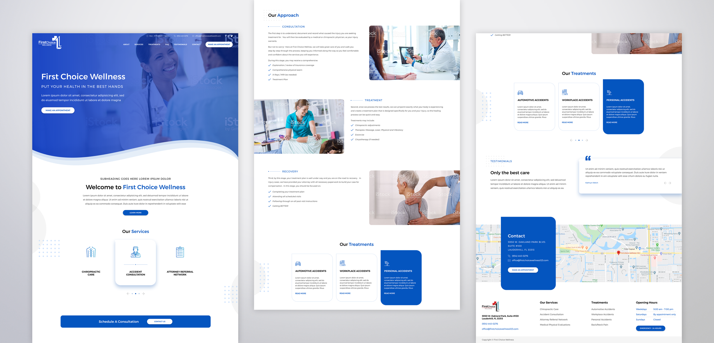Screenshots of a wellness center's website homepage, featuring sections for services, treatments, and contact information, with a blue and white color theme and images of healthcare professionals and patients.