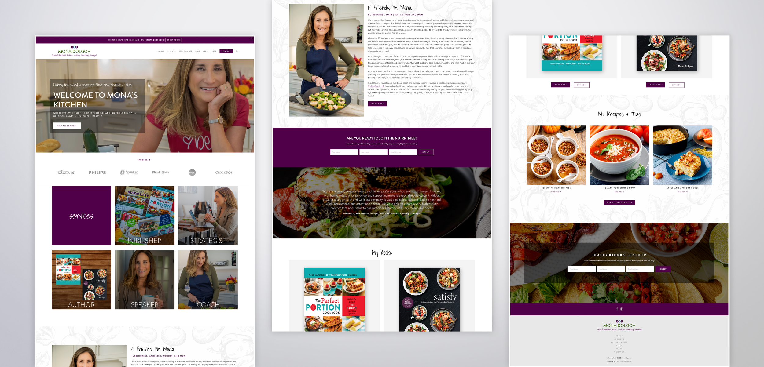 Multiple website pages showcasing Mona Dolgov's nutrition, cooking, and book services. The pages include images of food, Mona Dolgov, and book covers, with sections for services, recipes, books, and contact information.