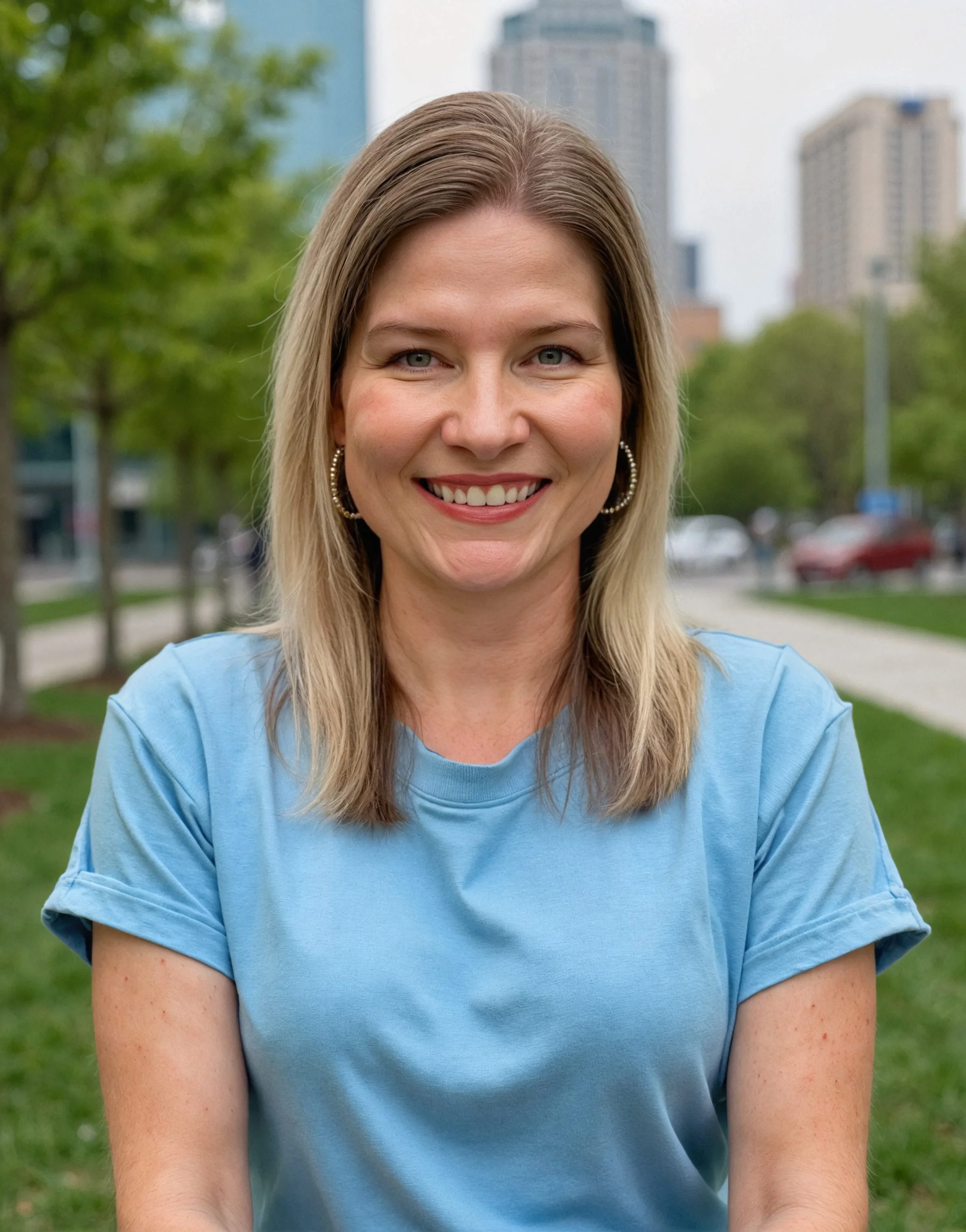 Smiling woman with shoulder-length blonde hair wearing a light blue shirt and hoop earrings, sitting outdoors on a grassy area with trees and a city skyline blurred in the background.