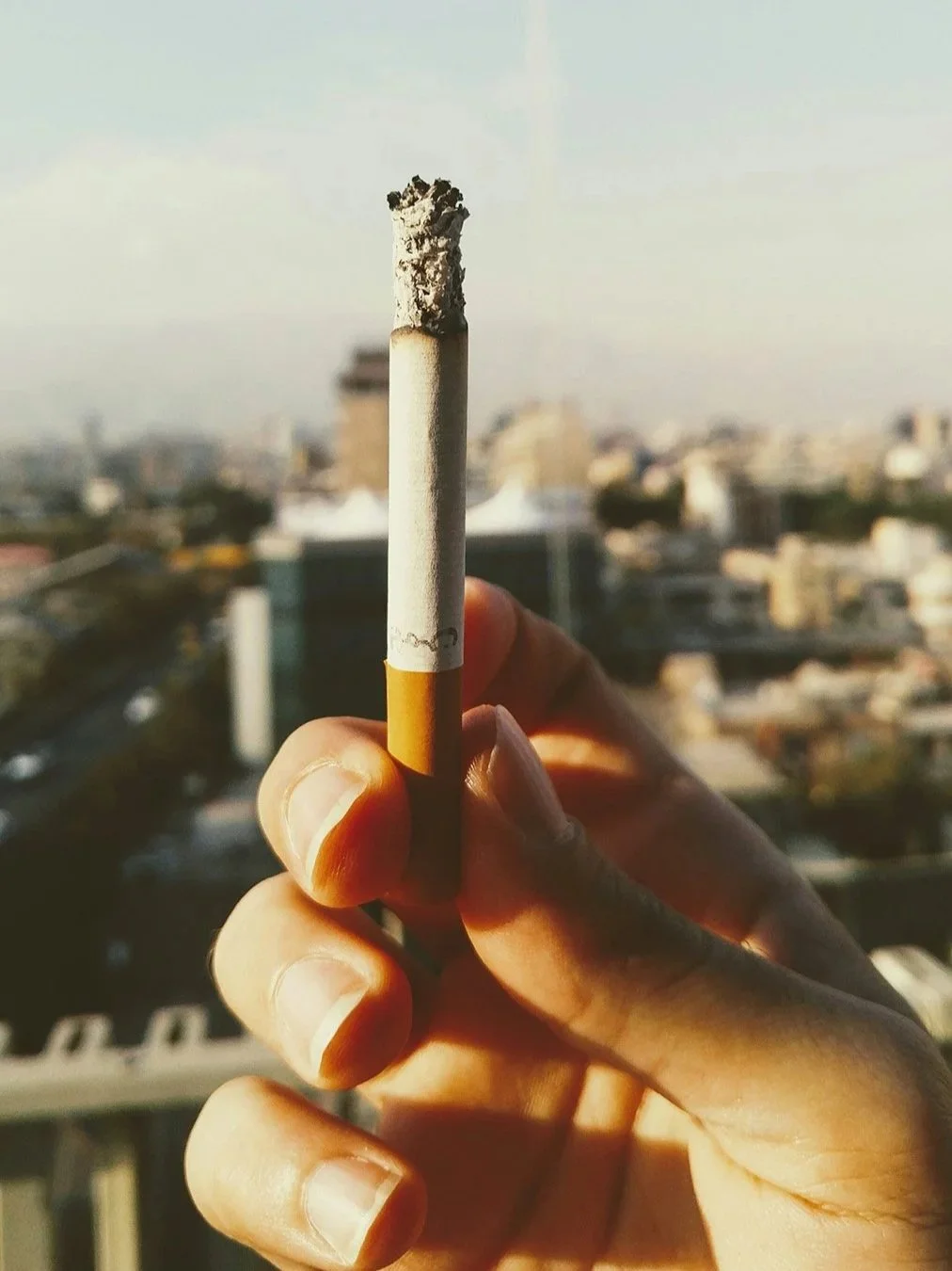 Person holds up a burning cigarette in front of a city landscape.