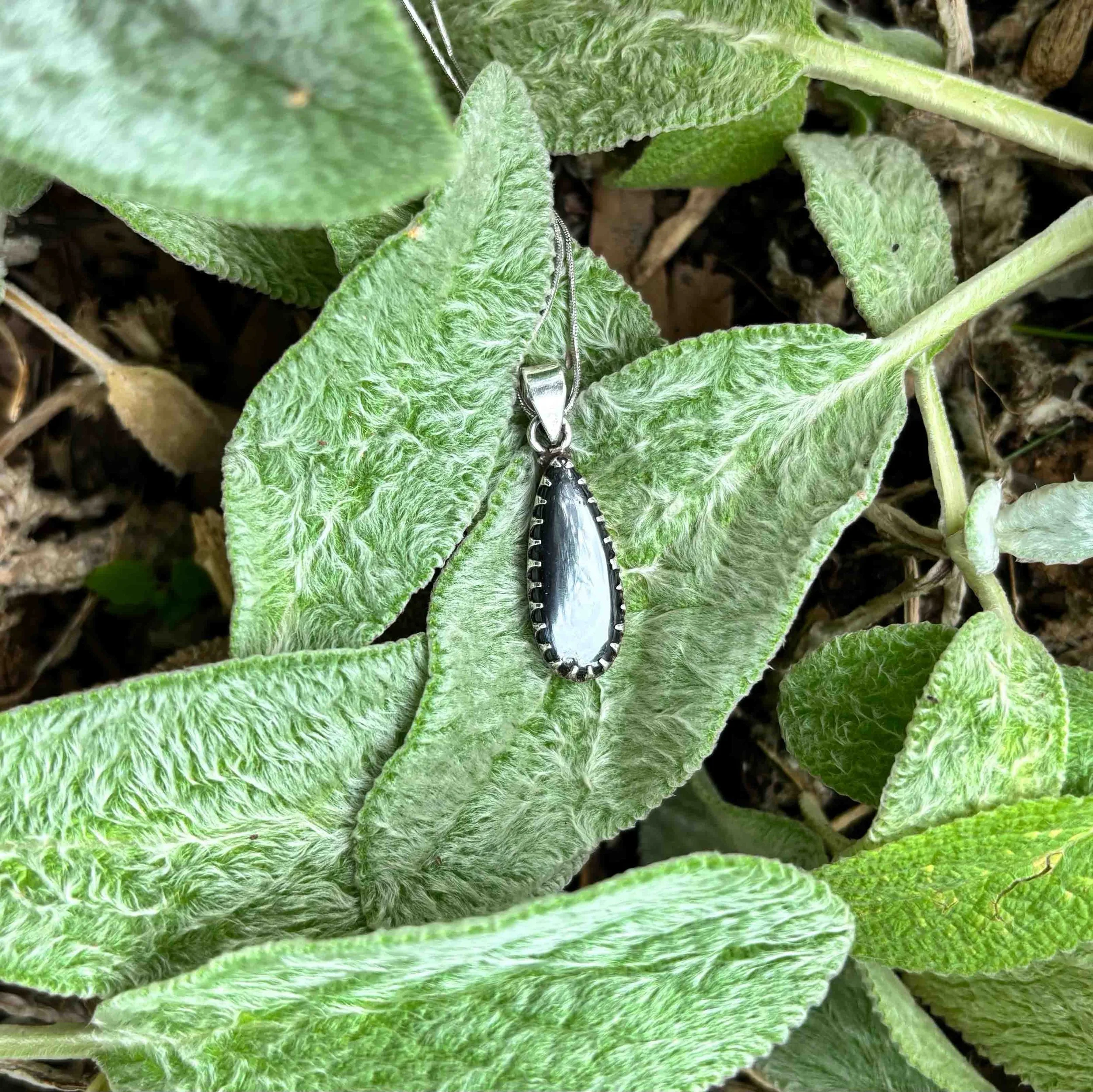 Polished teardrop-shaped hematite pendant in a silver setting resting against soft, fuzzy lamb’s ear leaves.