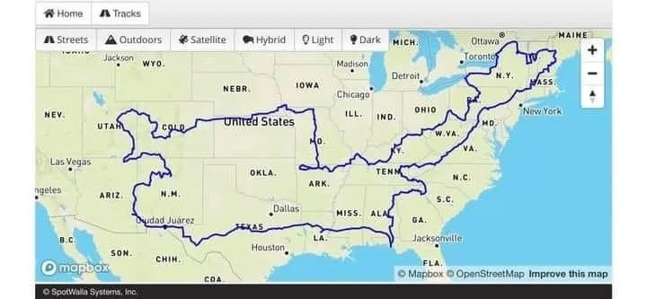 Map of the United States showing a route traced across multiple states.