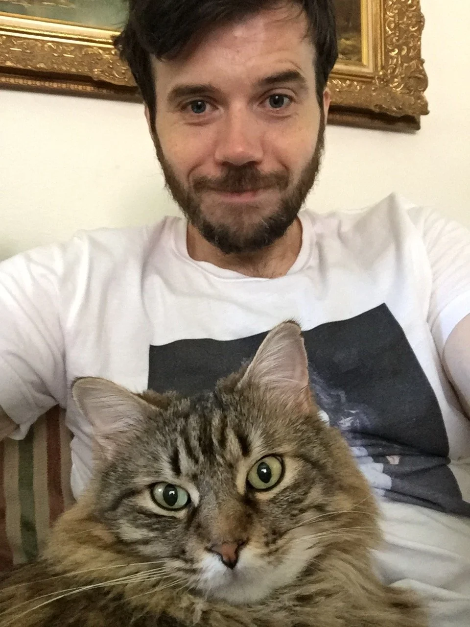 Man taking a selfie with a long-haired tabby cat sitting on their lap.