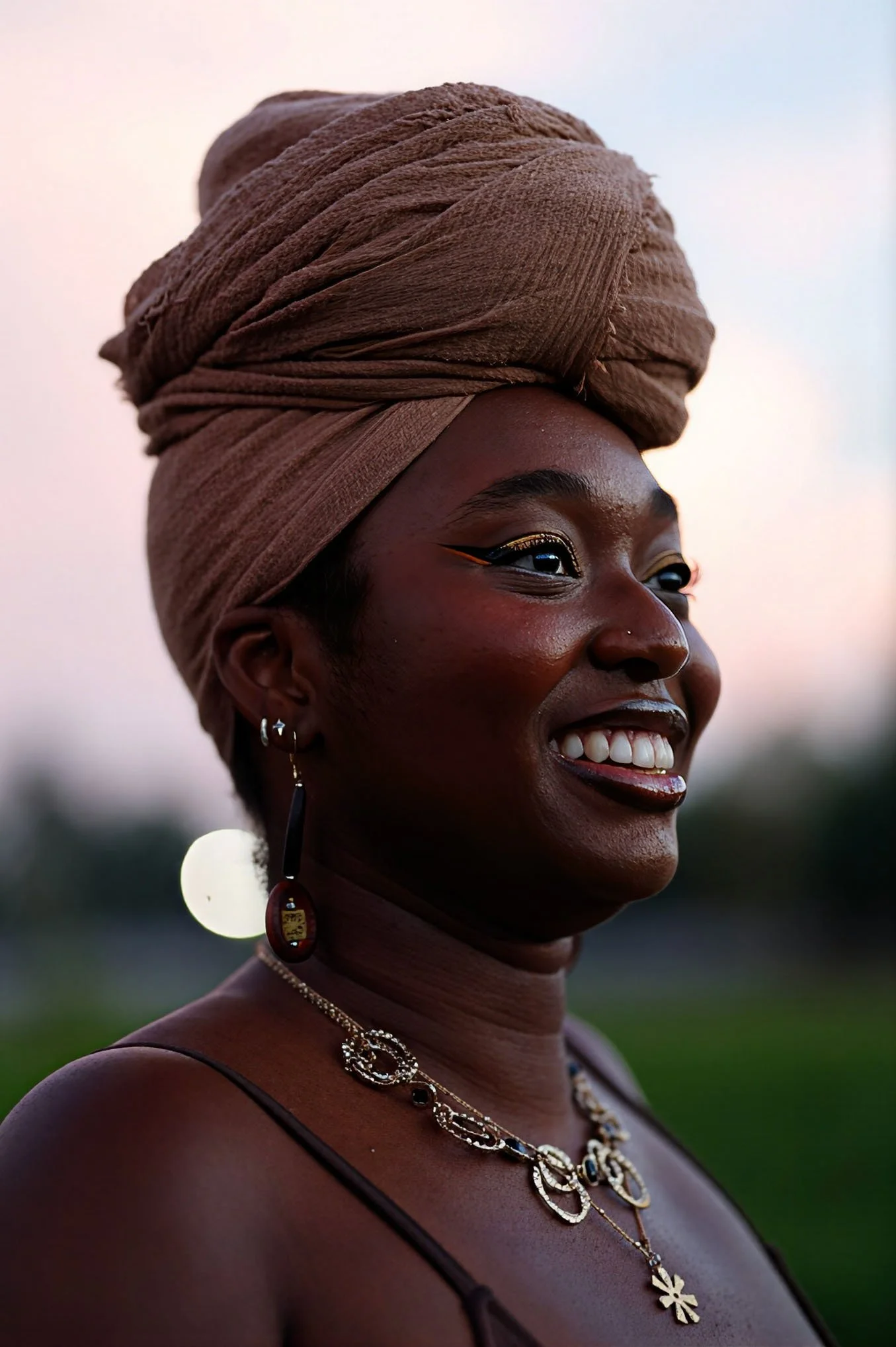 Delanyo Mensah smiles while looking to the right in an outdoor portrait. She wears a brown headwrap, dangling earrings, layered gold necklaces, and a dark spaghetti-strap top against a softly blurred background.