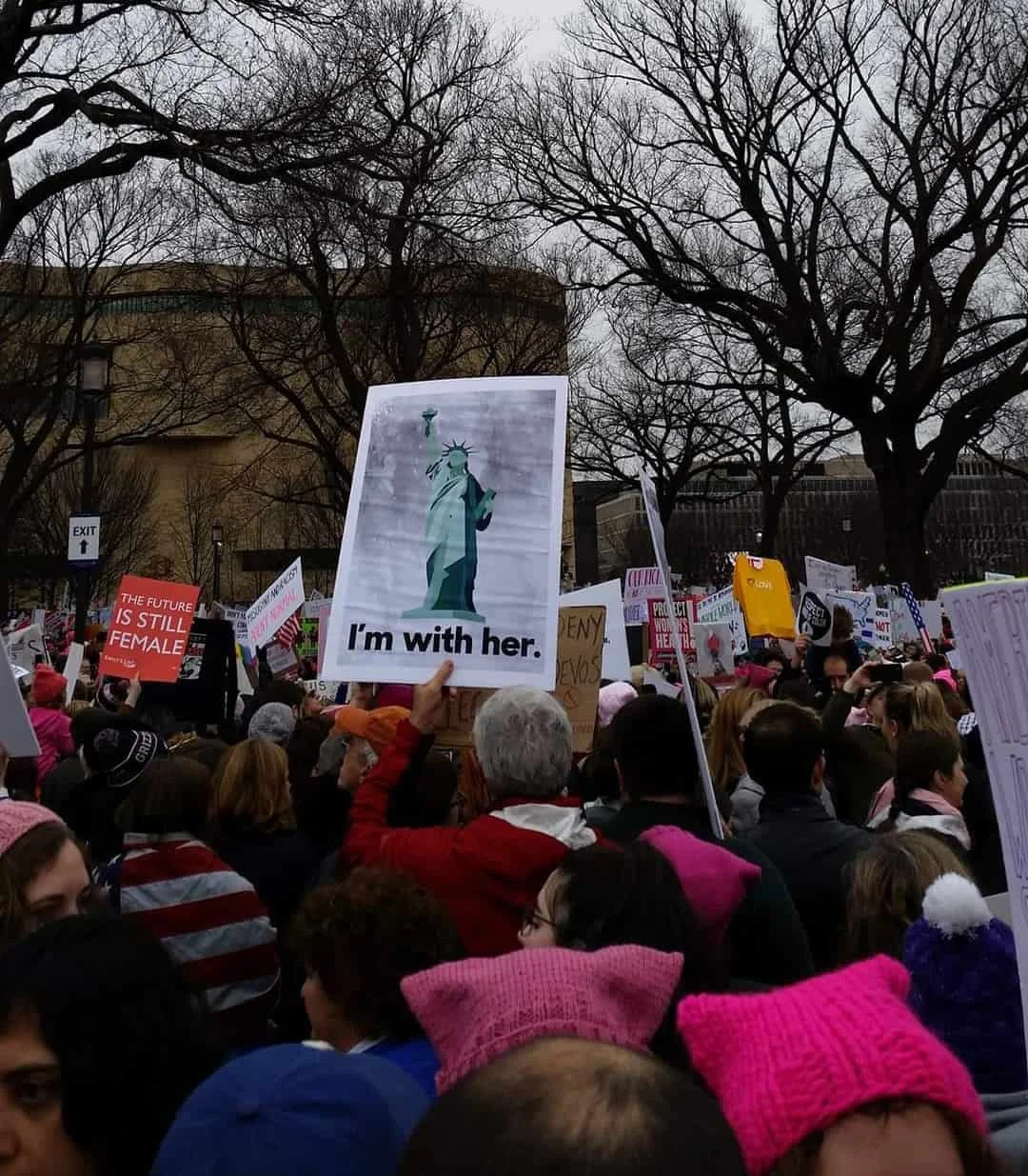Protestors gather in Washington, D.C. during the 2017 Million Women’s March, including a sign showing the Statue of Liberty with the words “I’m With Her.”