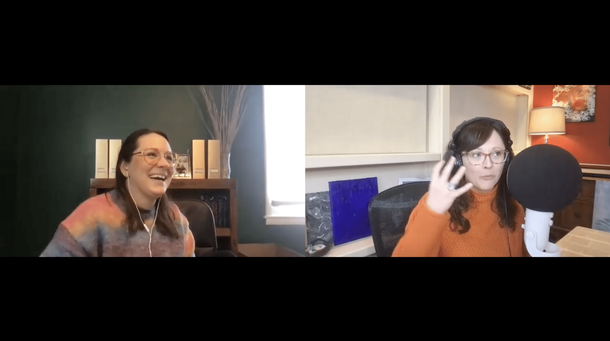 Podcast host speaking and guest laughing during a remote video interview recording.