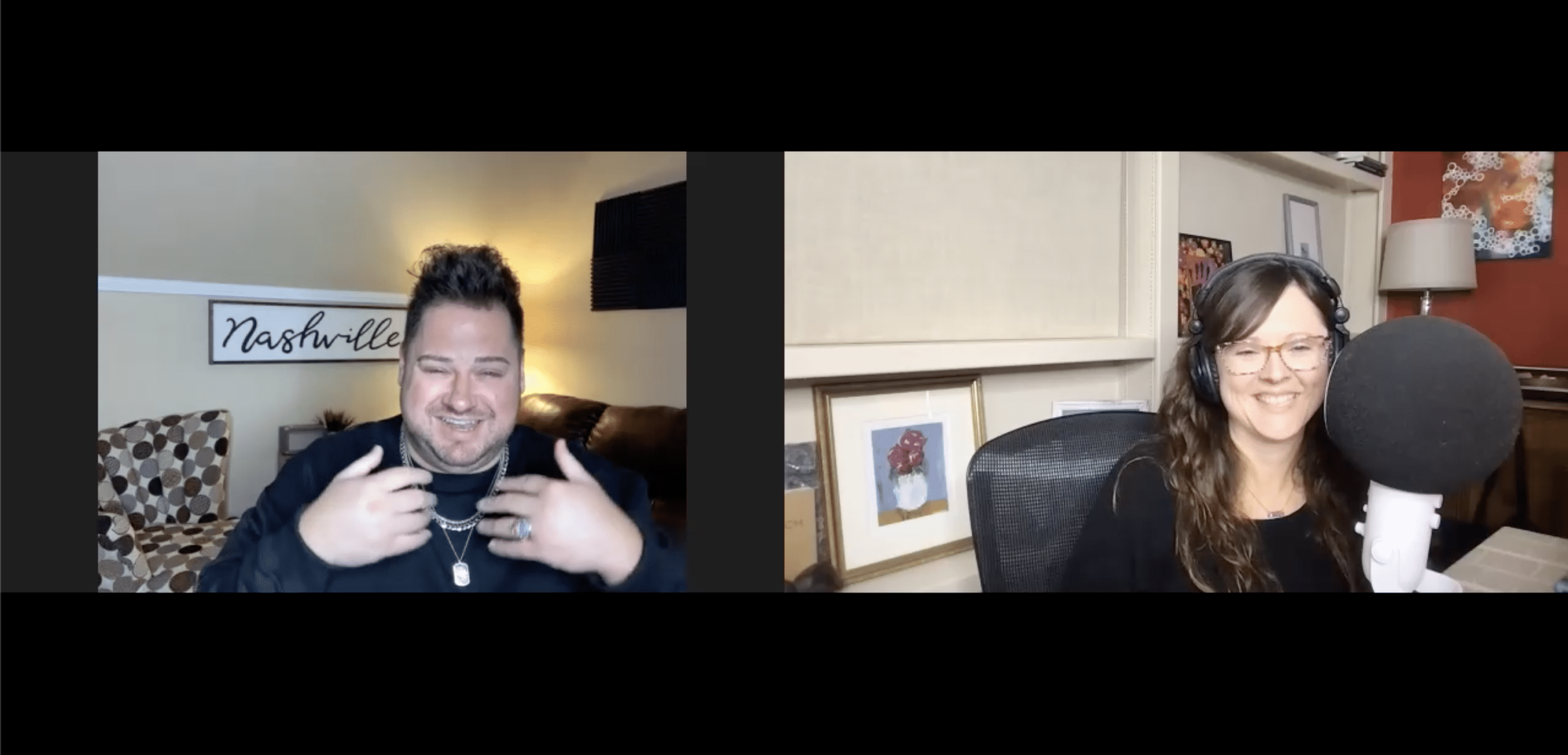 Podcast host and guest smiling during a remote video podcast interview with microphones and headphones.