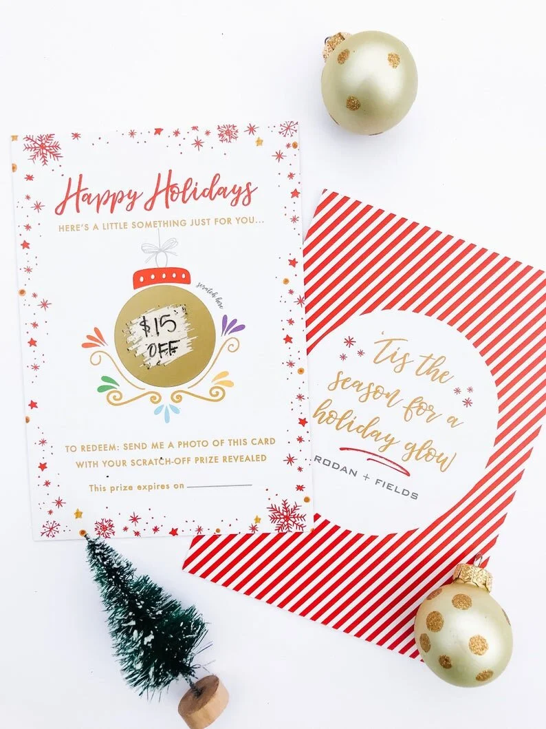 Set of 10 Rodan and Fields Happy Holidays Cards, Rodan + Fields Christmas Scratch Off Card, RF Christmas Card, R+F gift certificate