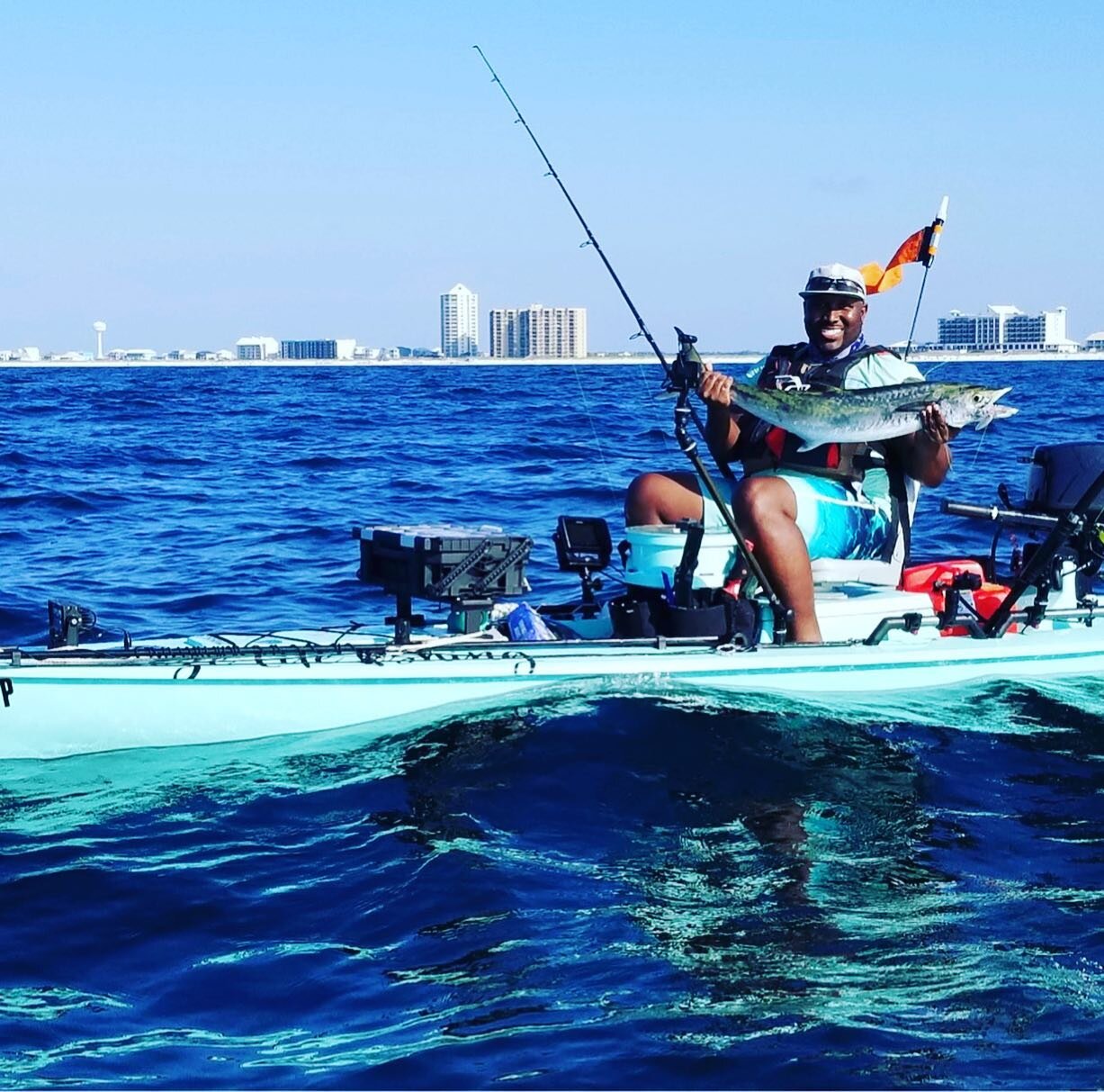 Today was a very interested day. I learned a lot from Justice Cox . I almost flipped the skiff, Drop my live well and many other thing. Lost my cellphone but it was was recovered by the lifeguard. Caught a King during all this mess and still I had a 