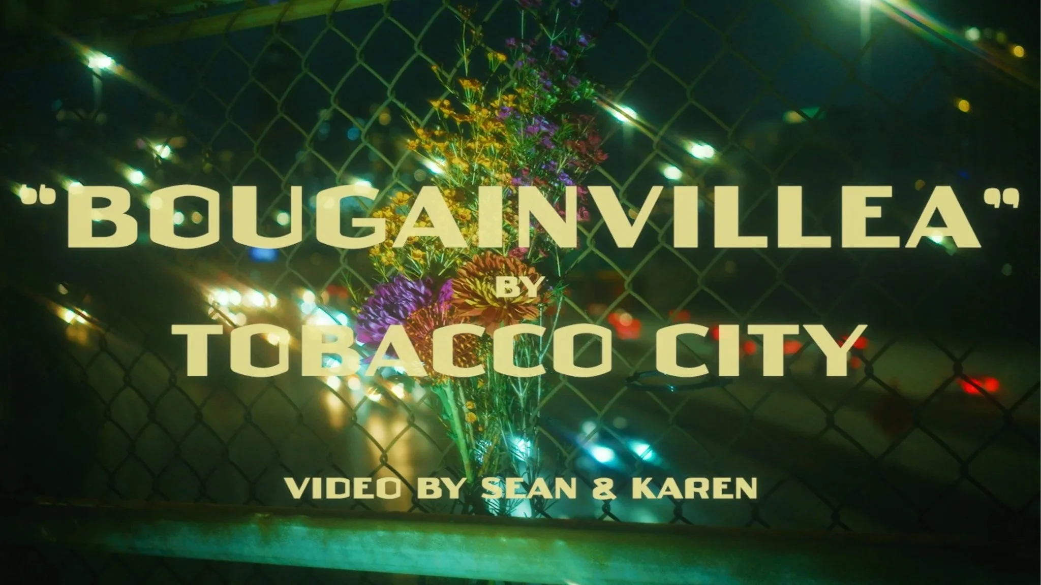 Flowers taped to a chain-link fence at night, with neon city lights in the background, and overlaid text that reads 'Bougainvillea by Tobacc0 City. Video by Sean & Karen.'