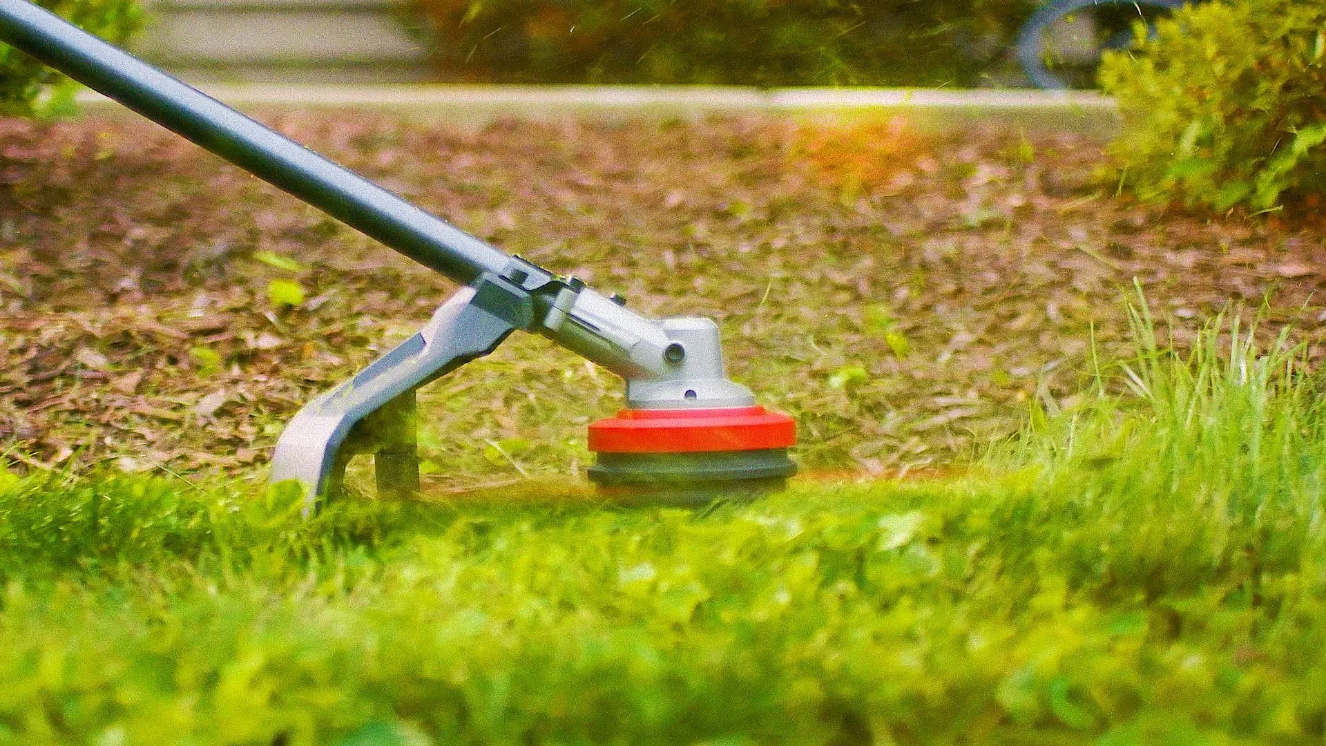 Lawn mower cutting grass in a garden with a red and black blade