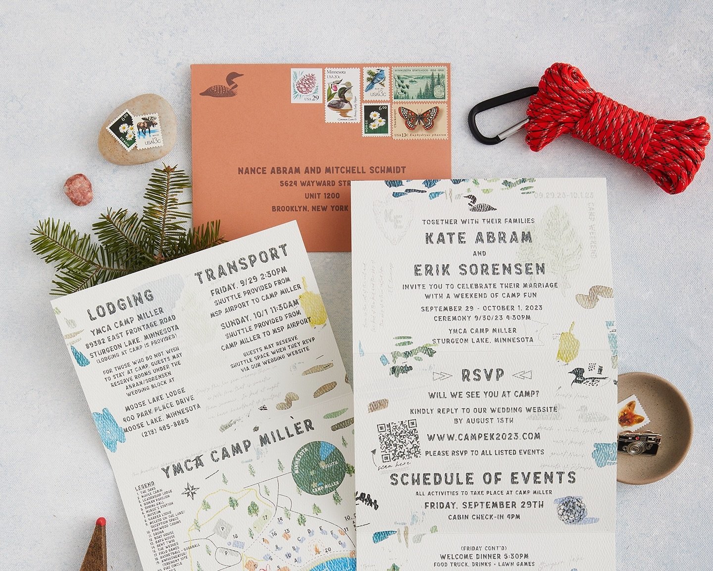 Calling all campers 🏕️🥾🐞

When that couple finds you and wants a campy journal type invitation for their wedding in the woods, you do a little jump for joy and put your creative hat on. So.much.fun. creating all of K+E&rsquo;s wedding paper goods!