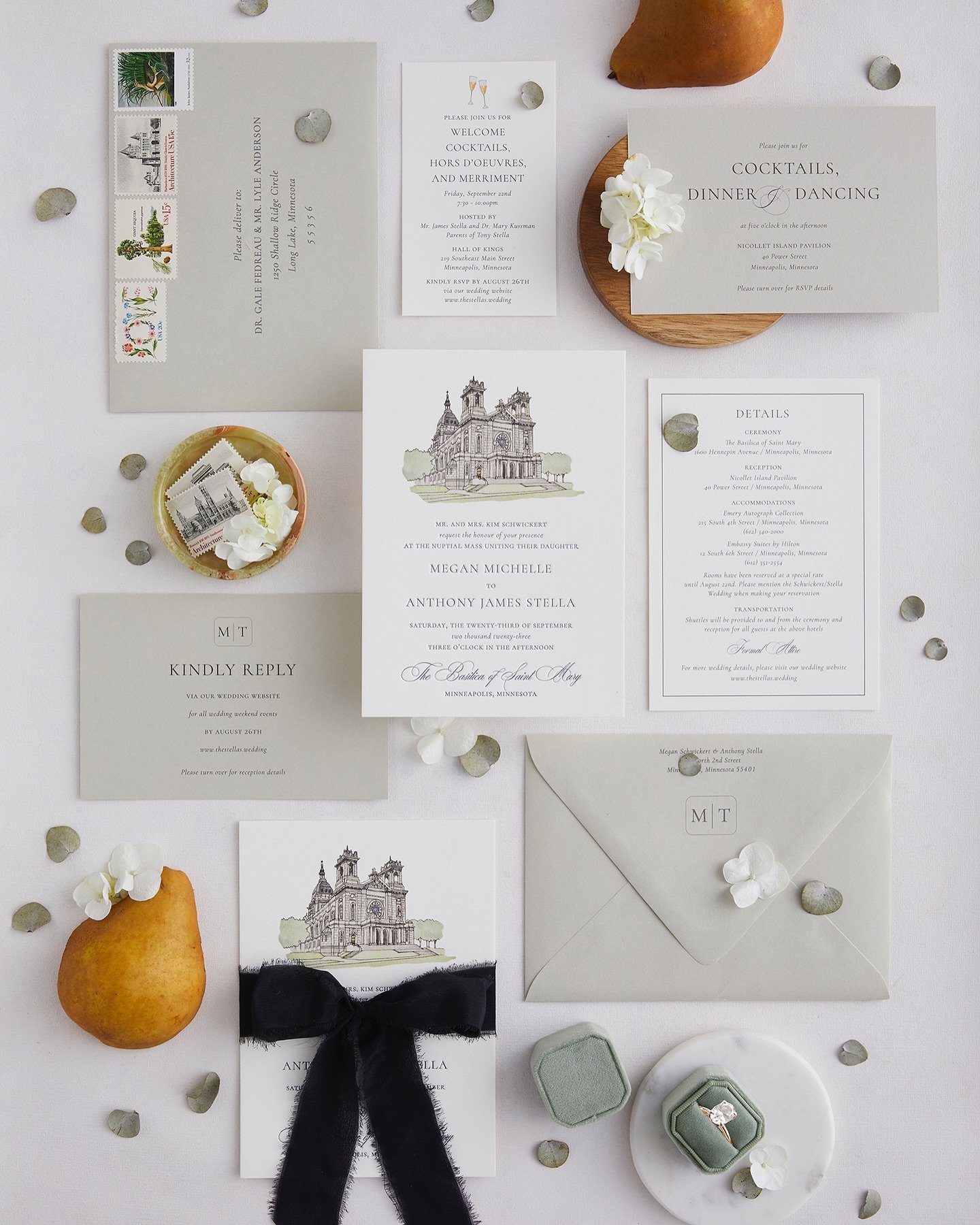 This light sage green and white invitation suite has my heart. Iconic @basilicampls illustrated by @avalambertart takes center stage on the double-thick letterpress and digital printed invitation. Timeless and elegant. 
.
.
.
Photography @clettis 
Il