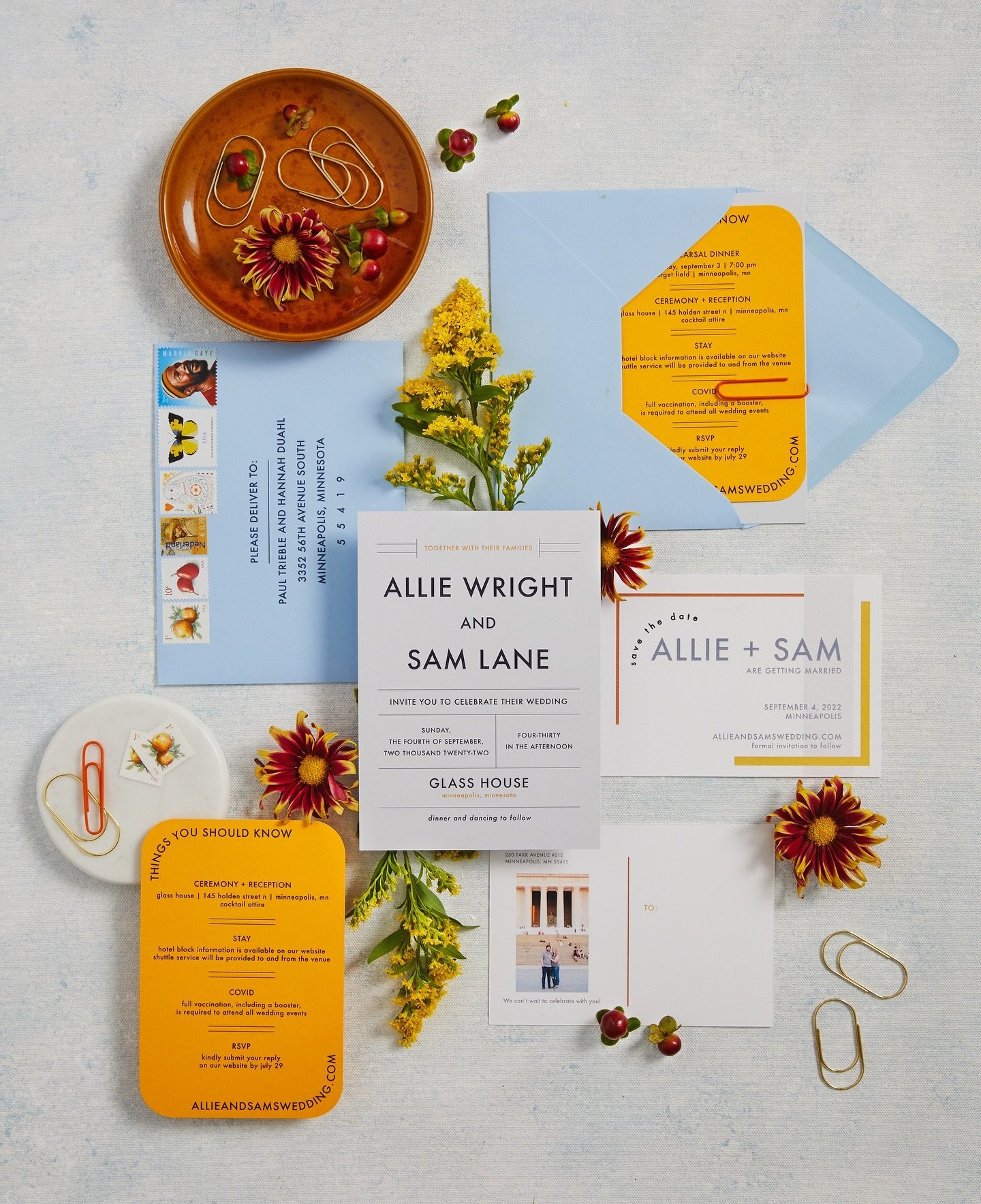 A+S delighted in pops of yellows and oranges for their September wedding. We incorporated these colors in their save the date post card, the invitations and for all wedding day stationery. Bold is beautiful! 

@availedevents 

Custom Wedding Invitati