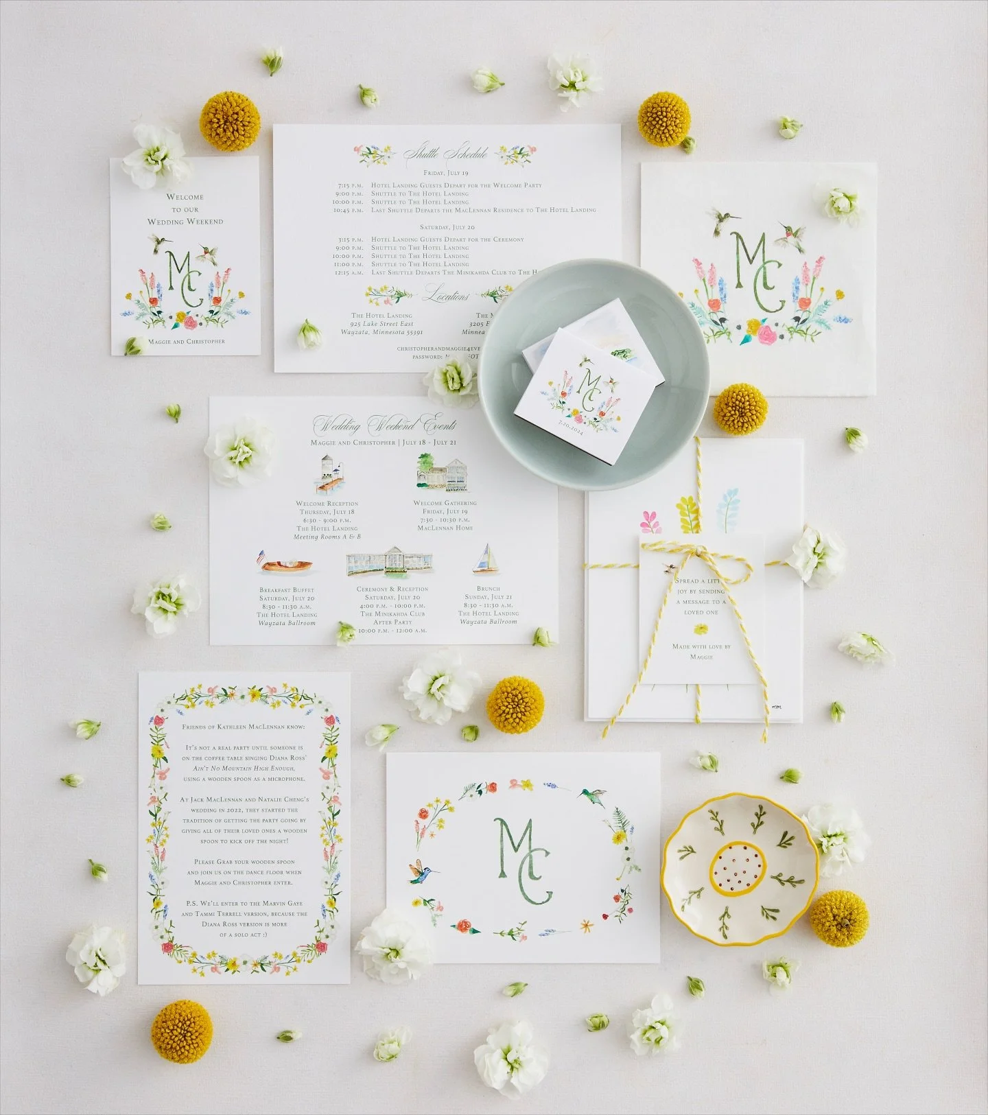 All the little wedding day pretties 🌼 Just say the words and I can make it happen! 

Pictured day of stationery for M&amp;C includes: welcome bag tags, welcome bag schedule of events, branded match boxes and cocktail napkins, guest favors at each pl