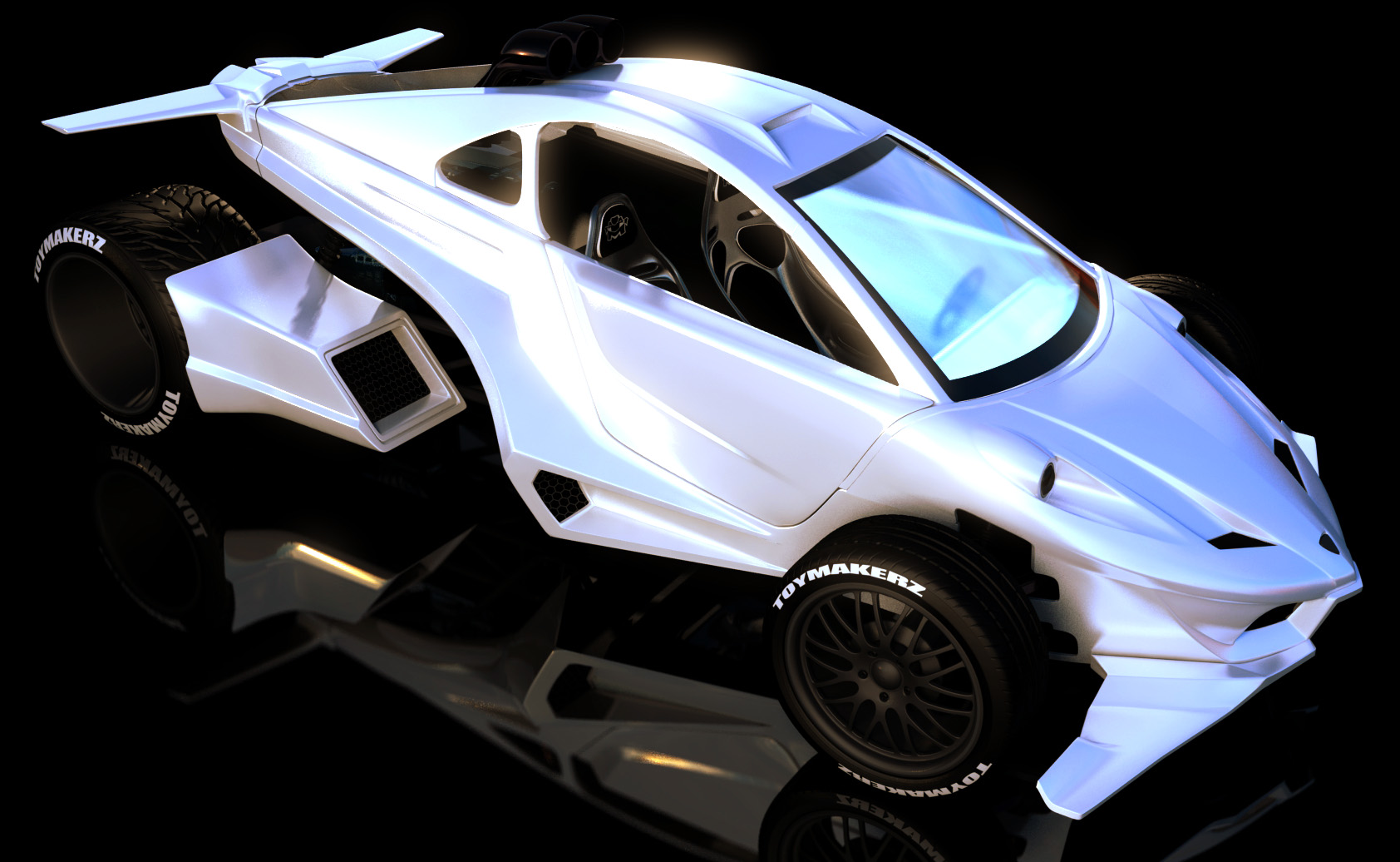 This final render of The Beast shows all of the parts we designed including the front and rear wings, the side radiator pods, the custom doors and custom racing seats