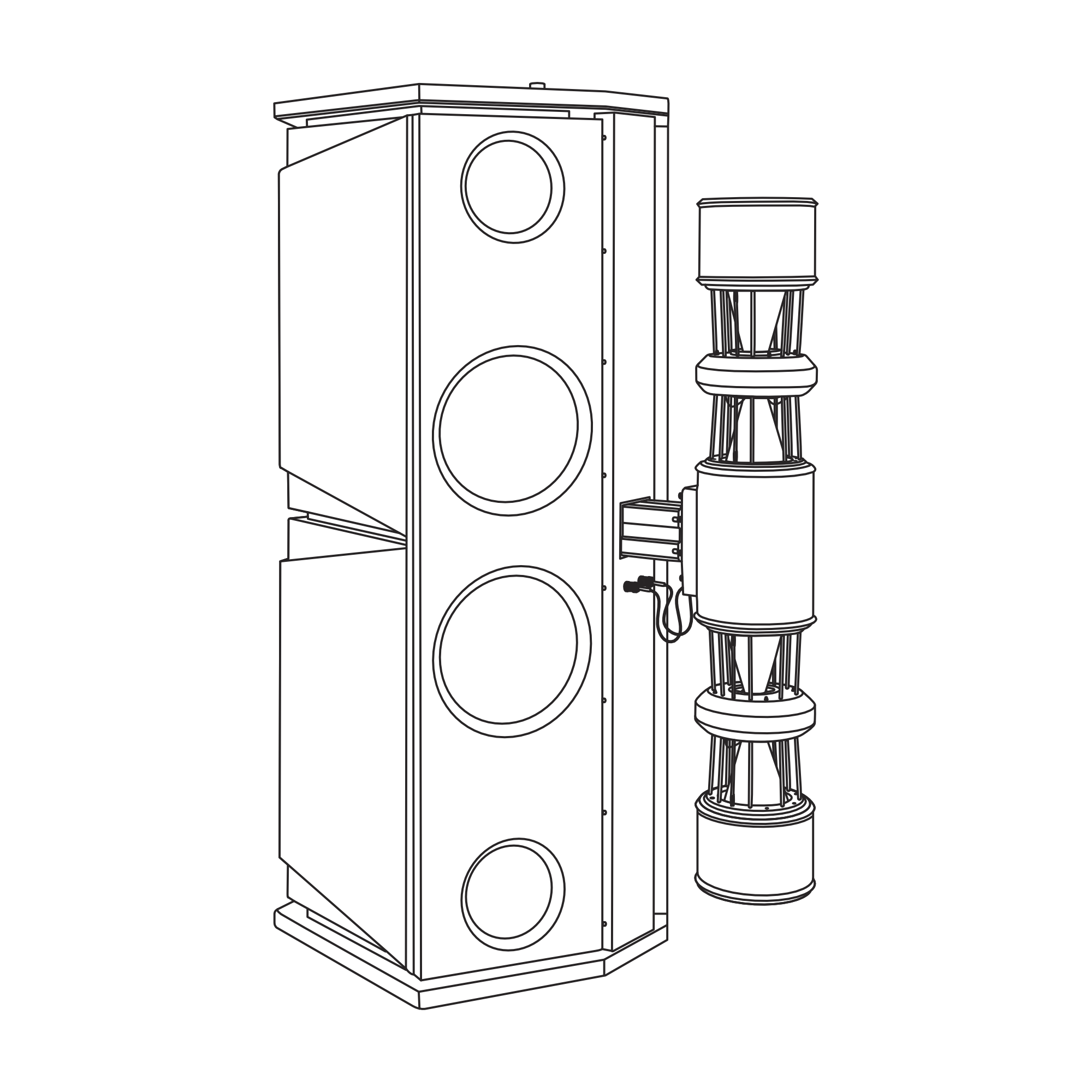 Line drawing of a large speaker with multiple drivers and a separate cylindrical component with a conical horn.
