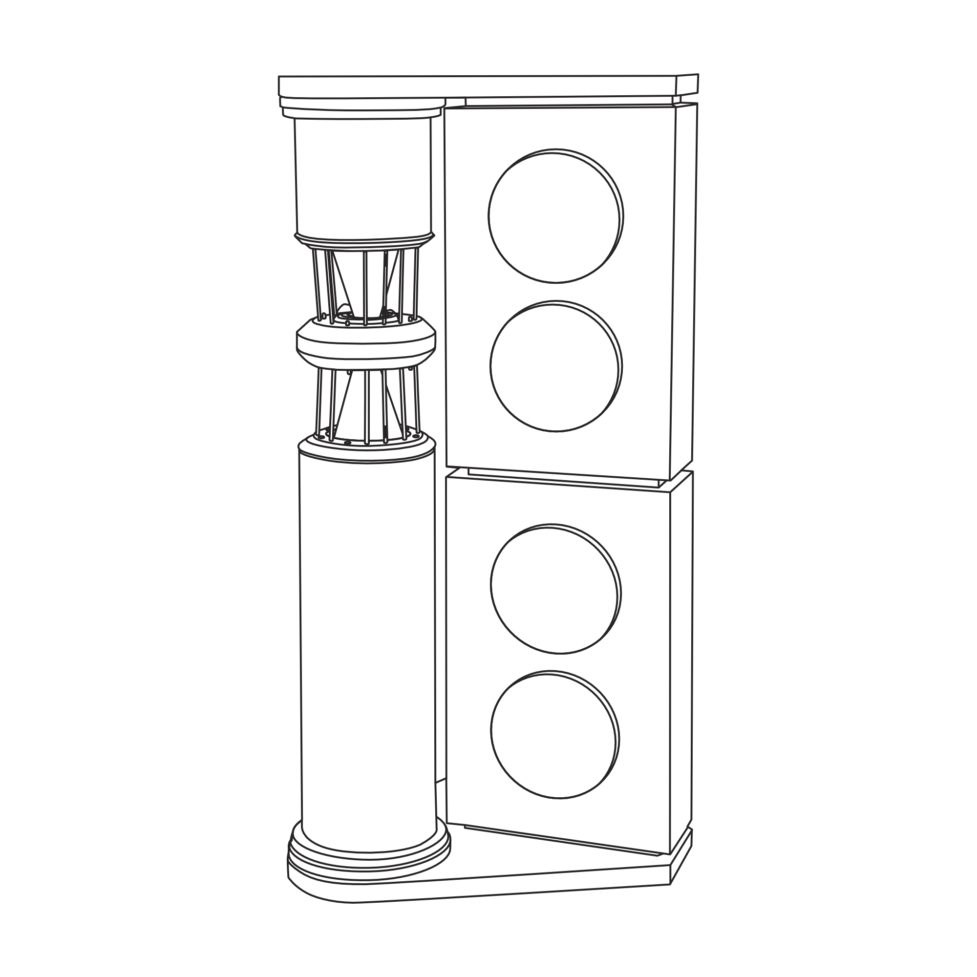 Black and white line drawing of a tall speaker with two large speakers and a smaller cone-shaped speaker on top.