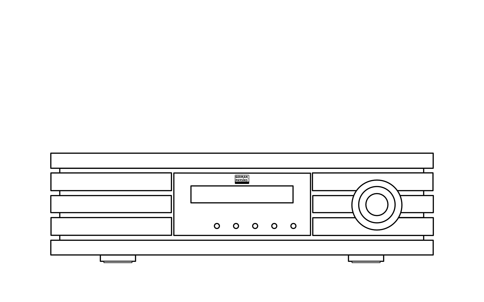 Line drawing of a vintage stereo receiver with a large circular dial on the right, buttons and a display in the center, and speaker grilles on the sides.