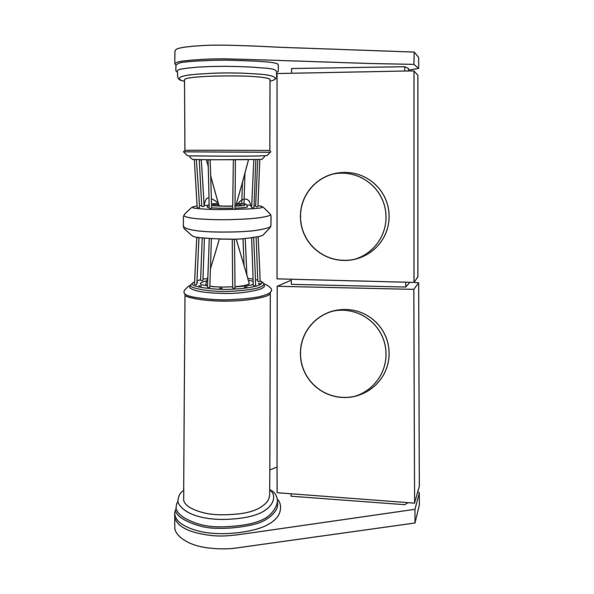 Black and white line drawing of a standing speaker with a cylindrical shape and a rounded top, placed next to a tall rectangular speaker with two circular elements, on a black background.