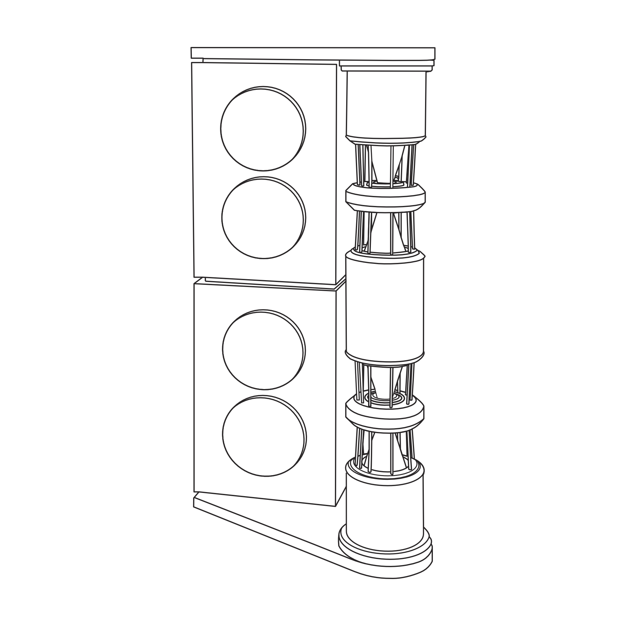 Line drawing of a building with large circular windows and vertical, cylindrical structures attached to the side.