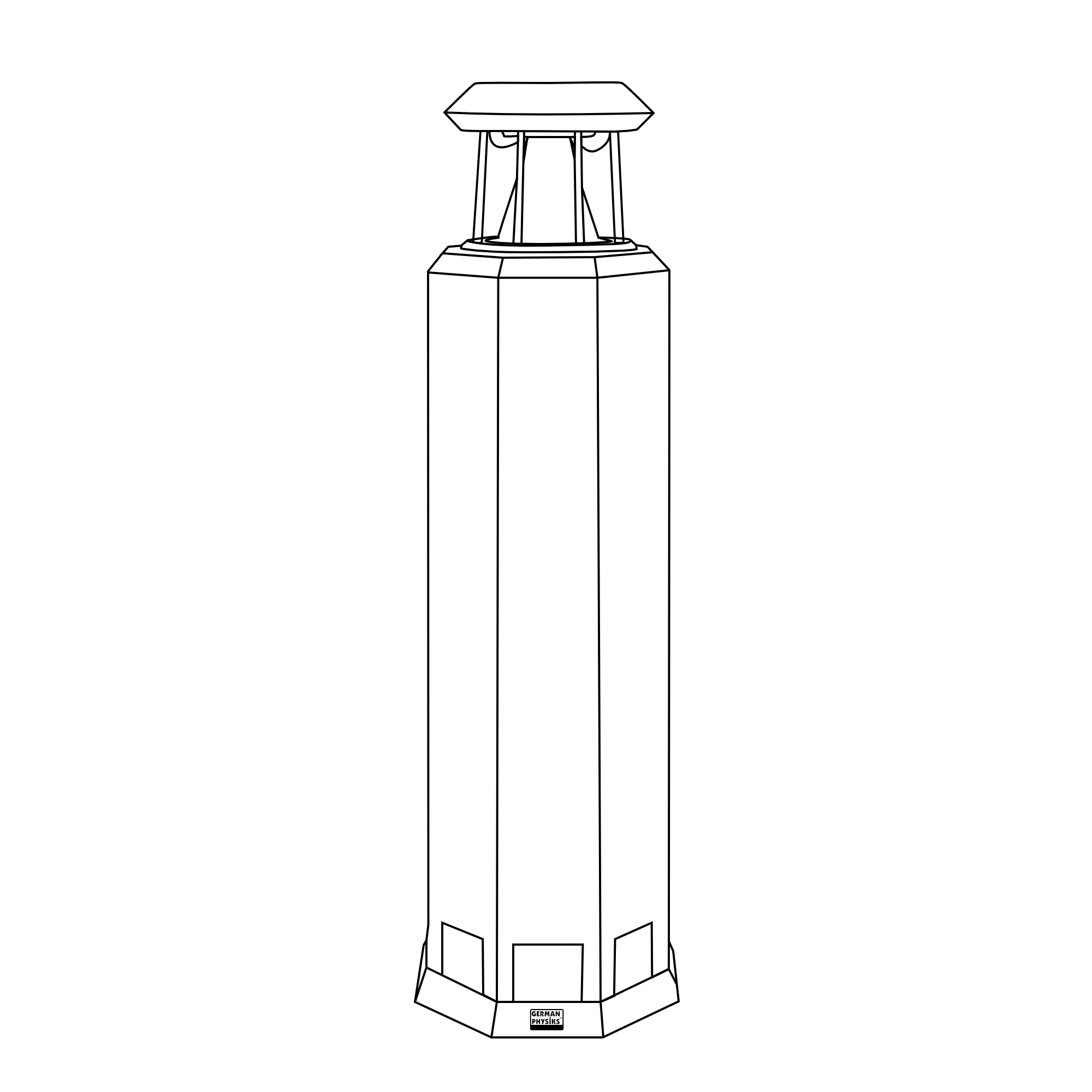 Line drawing of a tall, rectangular scientific instrument with a wider top and a base with four sides, featuring a small label at the bottom.