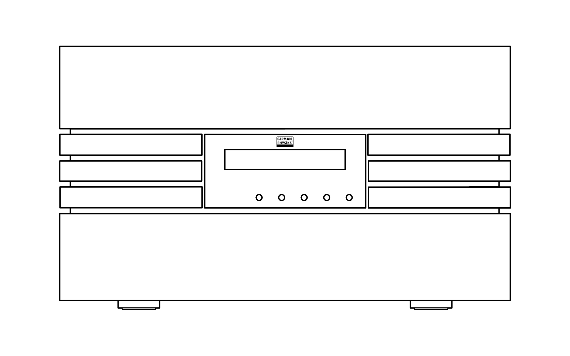 Black outline of a vintage stereo with a central display, buttons, and speaker grills on both sides, and a small label at the top center that reads 'German Physiks'.