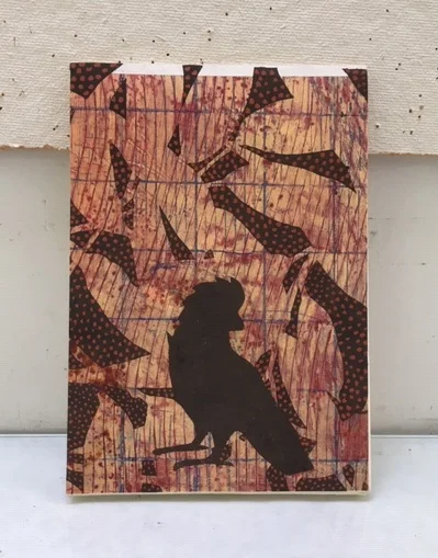 On this one I painted over an old print for the cover, adding some stencil work and some direct painting with casein paint. The blank pages inside are domestic etch paper, which is off white and soft, great for pen or pencil work although you can’t erase too much as the surface of the paper isn’t tough..
