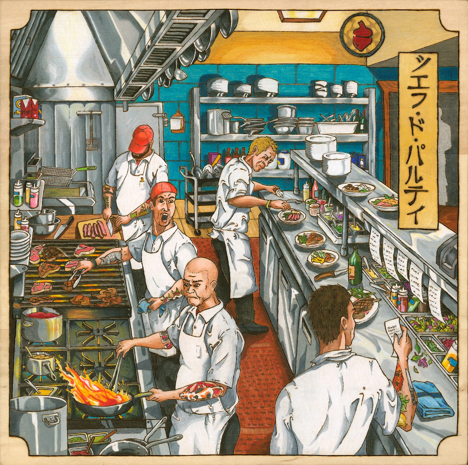 Kitchen Line シェフ・ド・パルテ (Shefu do paruti) 2017 12x12 inch with ink and pencil on wood block with wood burned lines Ah, the hot line. This is where things get personal. I have logged thousands of hours cooking, chopping, sweating and cursing as