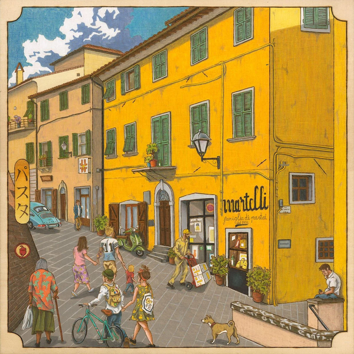   Pasta パスタ (pasuta) 2025    12x12 inch ink and pencil on wood block with wood burned lines   I had done a pasta piece back in 2015, but I really wanted to do an Italian street scene. This led me to Lari, Italy and Martelli; makers of the finest drie