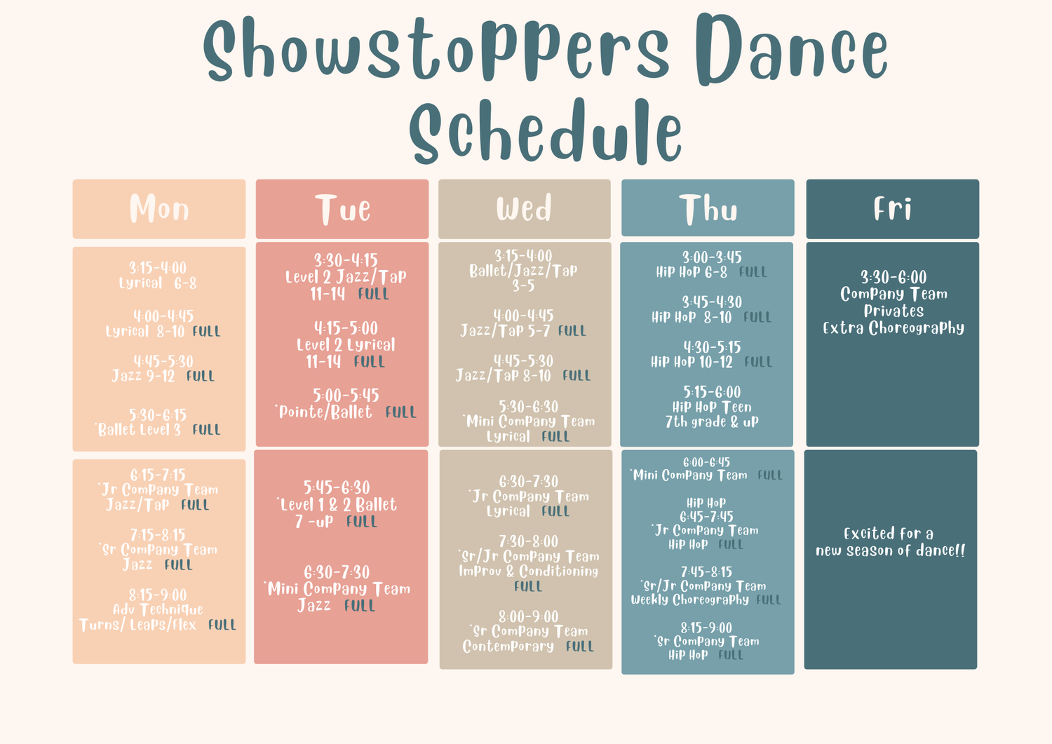 Fall 20242025 Schedule — Showstoppers Dance Studio