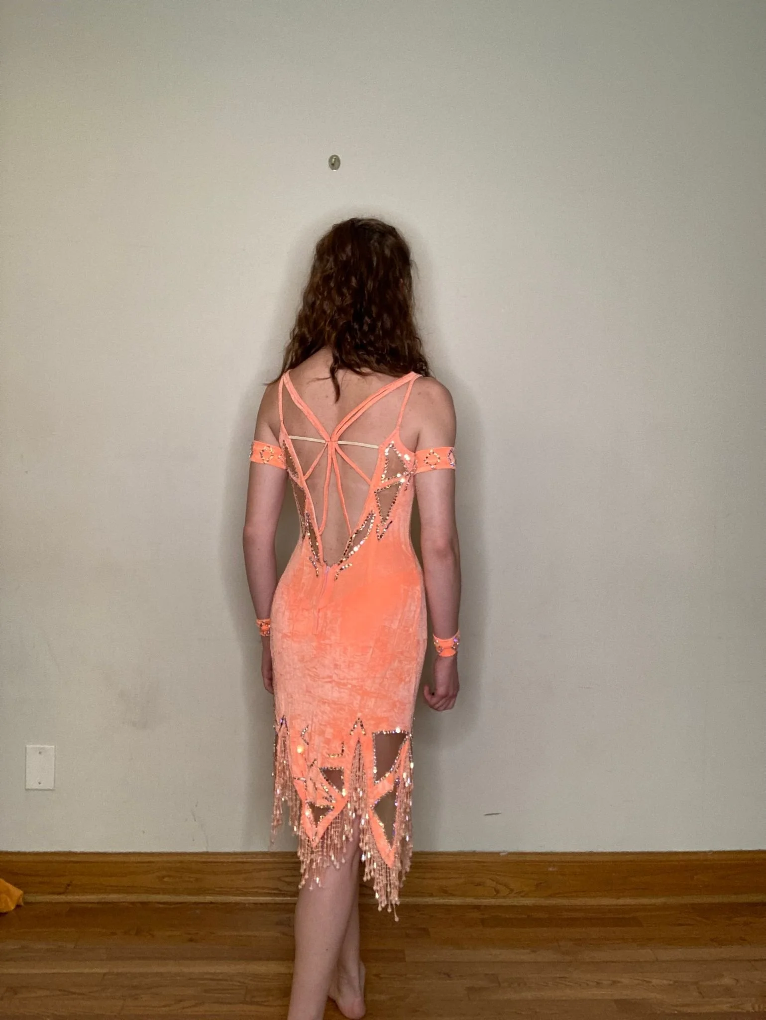 Status
:   Available  
  Comment
: Four armbands, very jingly beads on hem. All cutouts are completely sheer so no undergarments can be worn
This dress is now USADANCE LEGAL!  Torso and undie line triangles have been heavily stoned!