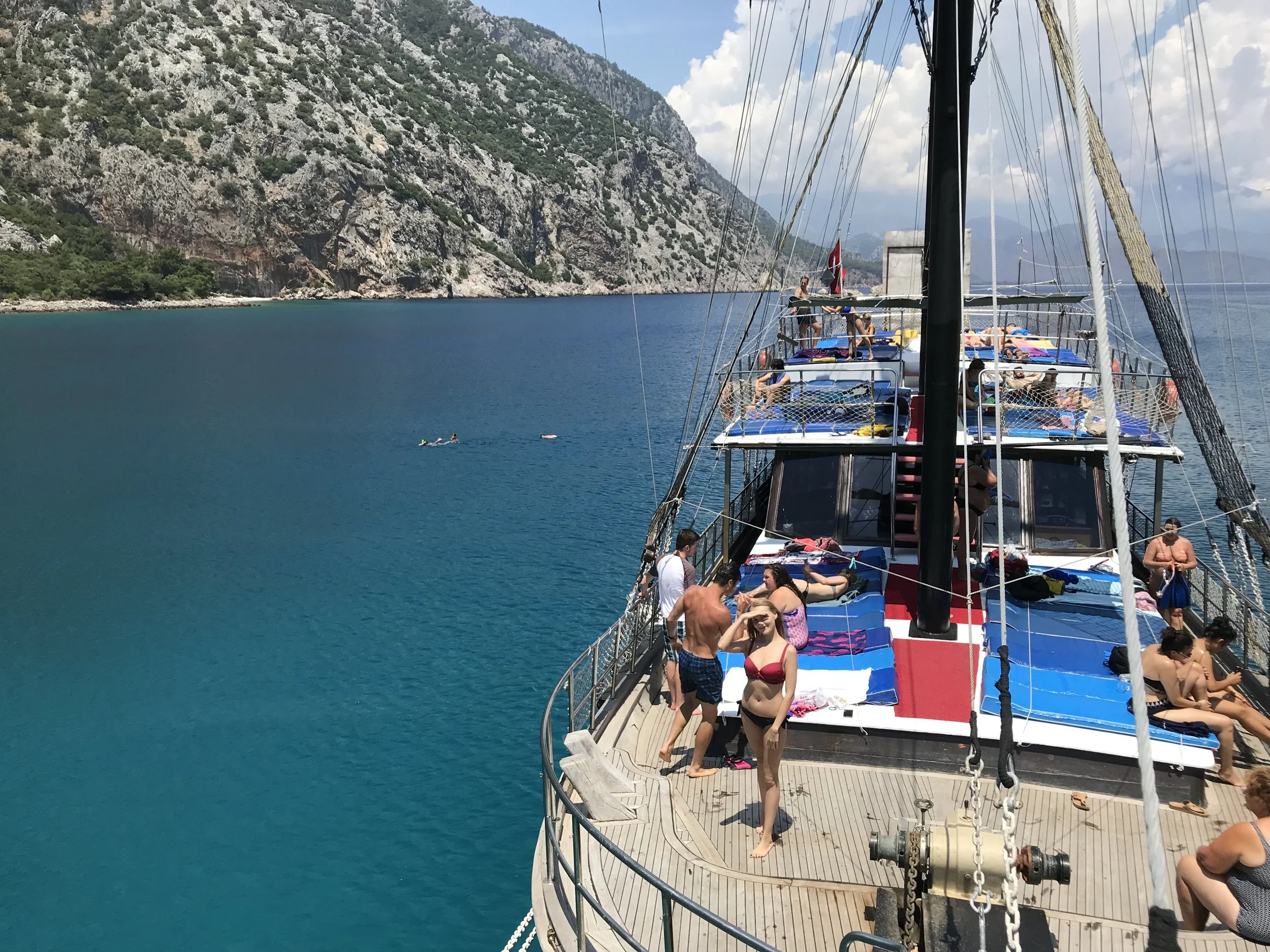 Blue water and people on boat in Turkey