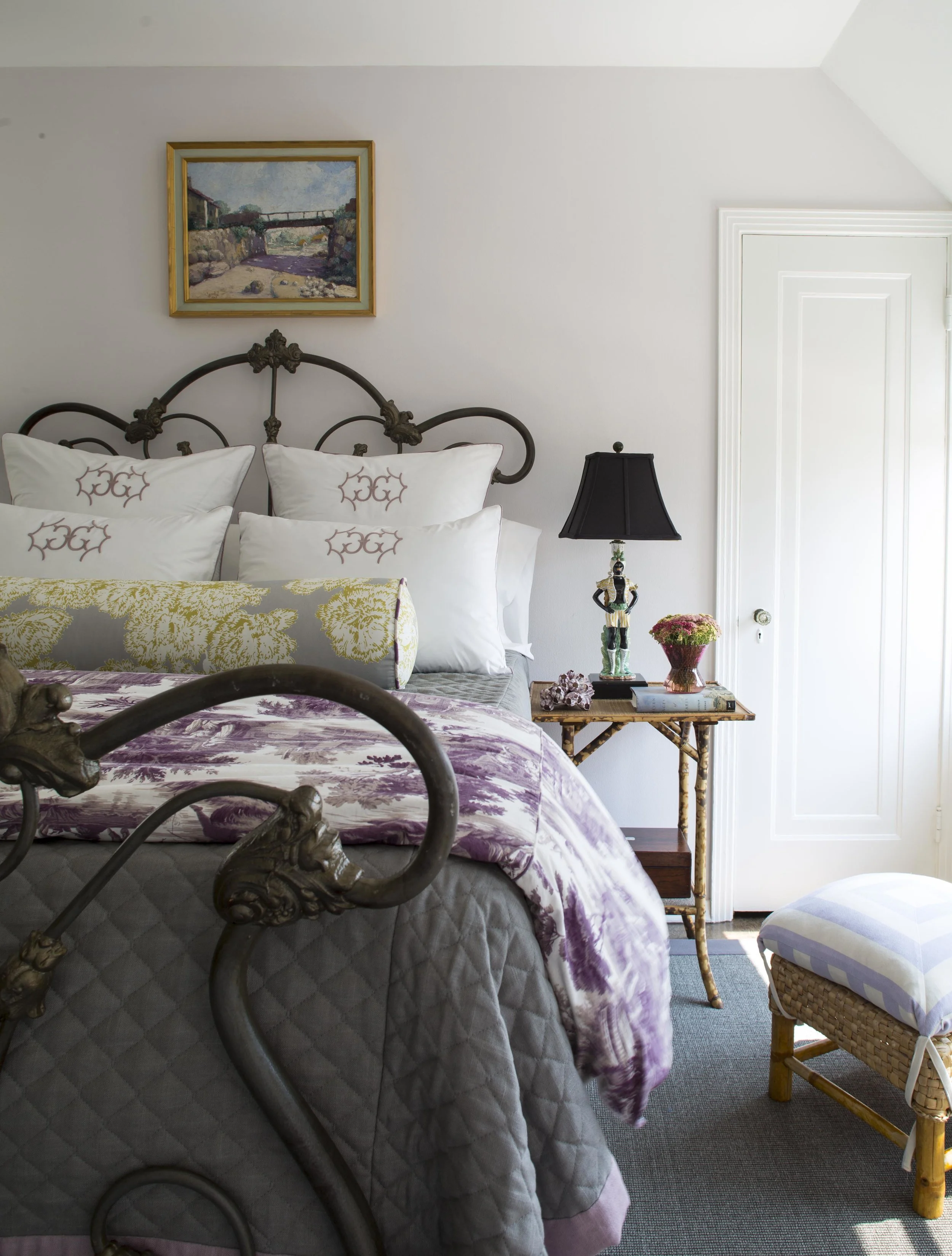 Guest Bedroom Overall Shot with Lilac Walls and Antique Furniture, Custom Monograms