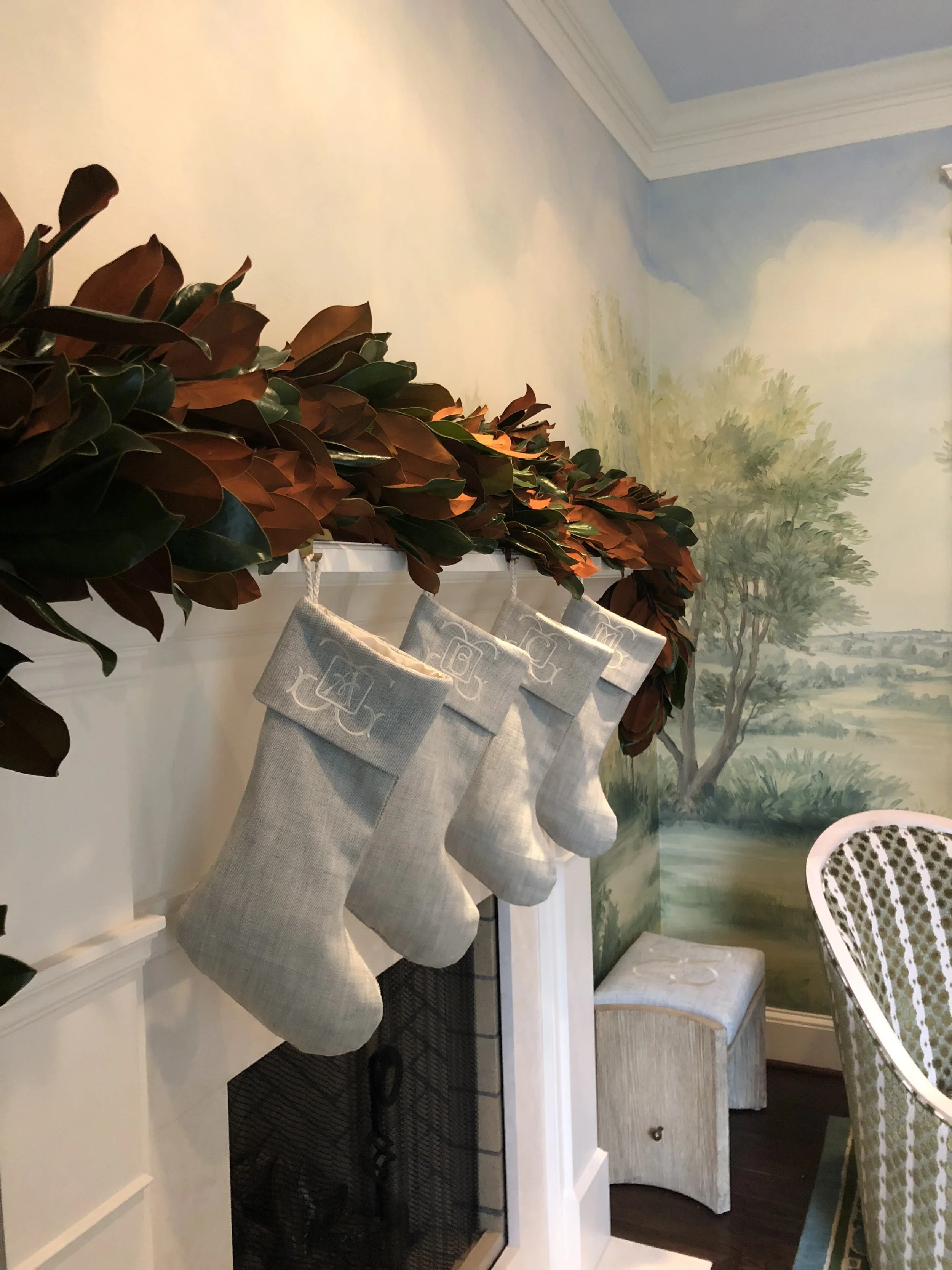 SCW Interiors Fireplace Mantle Holiday Design Stockings