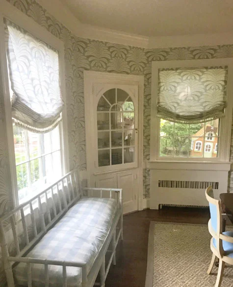 Dining room bench in dusty blue gingham fabric.