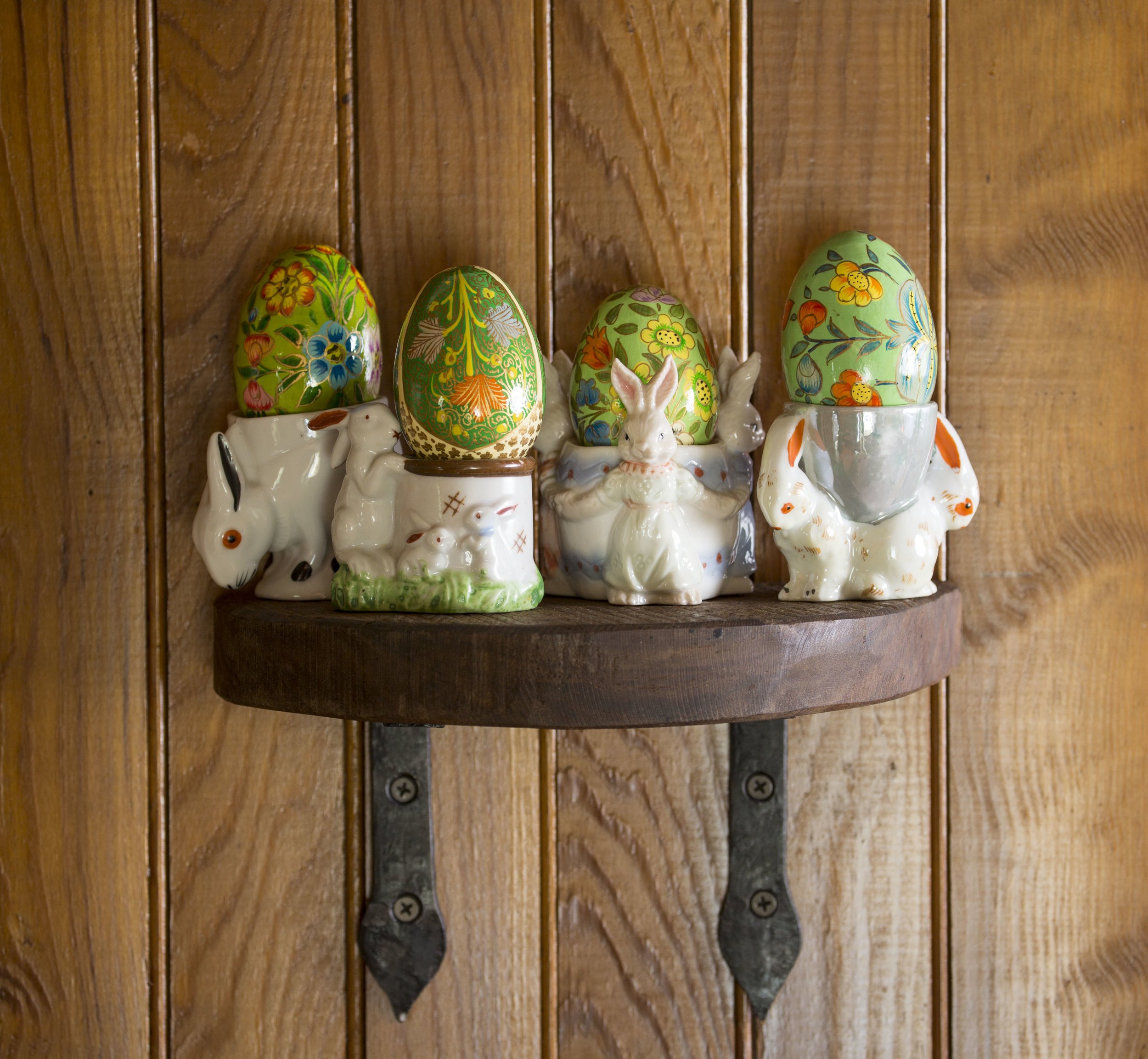 These bunny-themed egg cups and hand-painted Easter eggs were collected for a client whose sweet grandmother went by the nickname Bunny. They are lovingly displayed in a cottage that pays homage to her. Photo credit John Bessler.