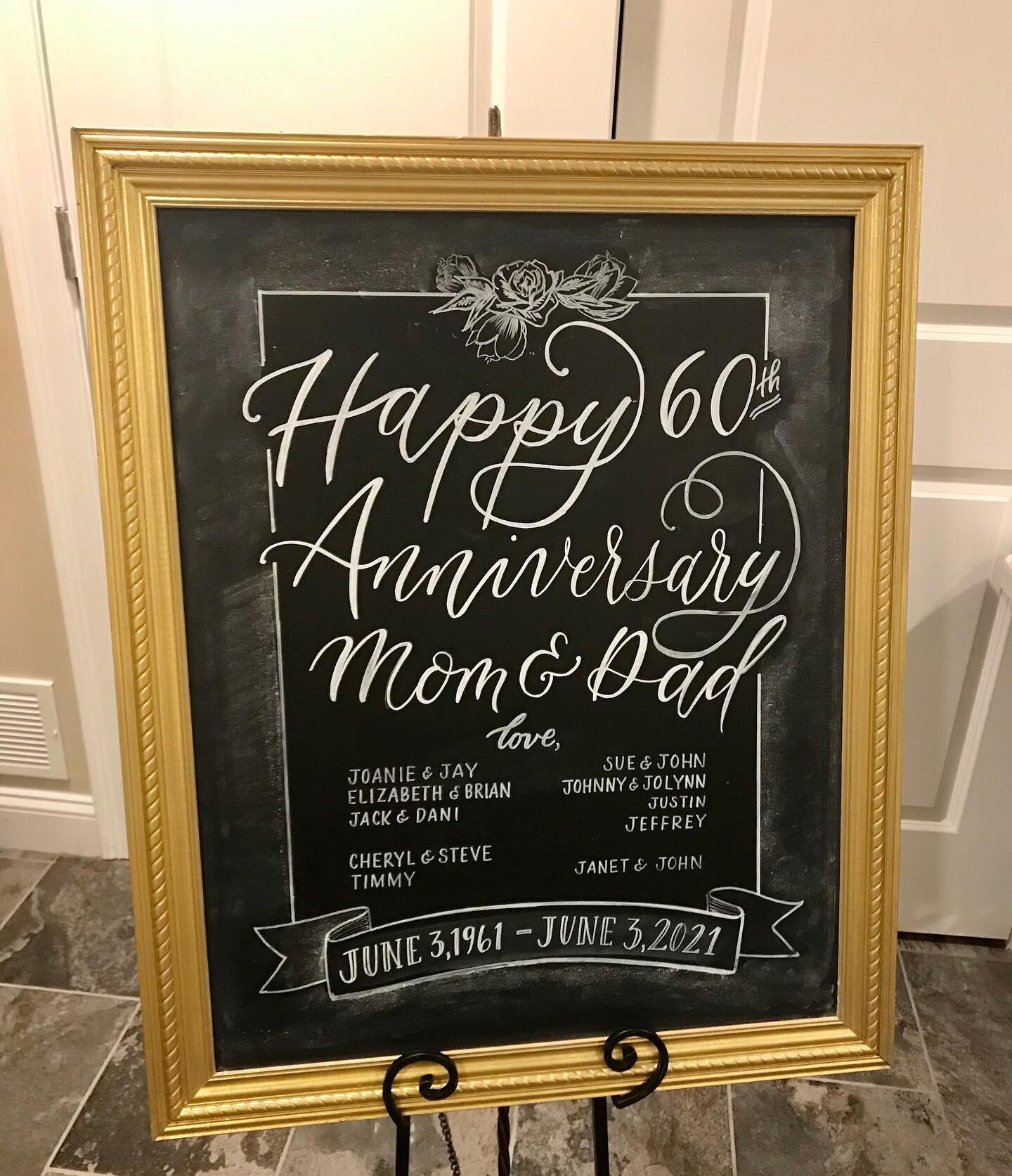 Had the pleasure of making this sign for a 60th Wedding Anniversary! Such an incredible accomplishment 💕
.
Gold framed chalkboards available for rent ✨ a little rustic &amp; a little fancy ✨
.
#weddingrentals #customrentals #weddingchalkboardsigns #