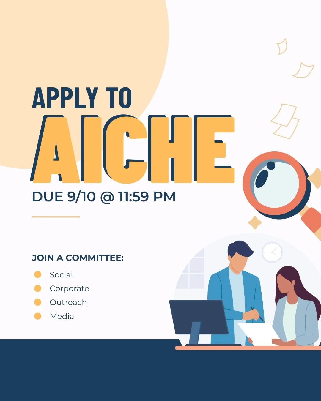 Apply to become a committee member for AIChE! Applications are due tomorrow, September 10th, at 11:59 PM. Apply via the link in our bio.