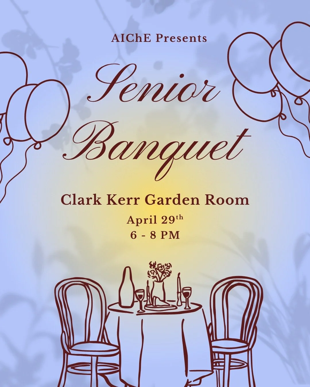 Hi Seniors, Congrats on finally making it to the finish line of the ChemE jourey! To celebrate AIChE will be hosting a Senior Banquet with catered dinner, games, and a farewall talk from Professor Karthik Shekhar. Please join us one last time, and fe