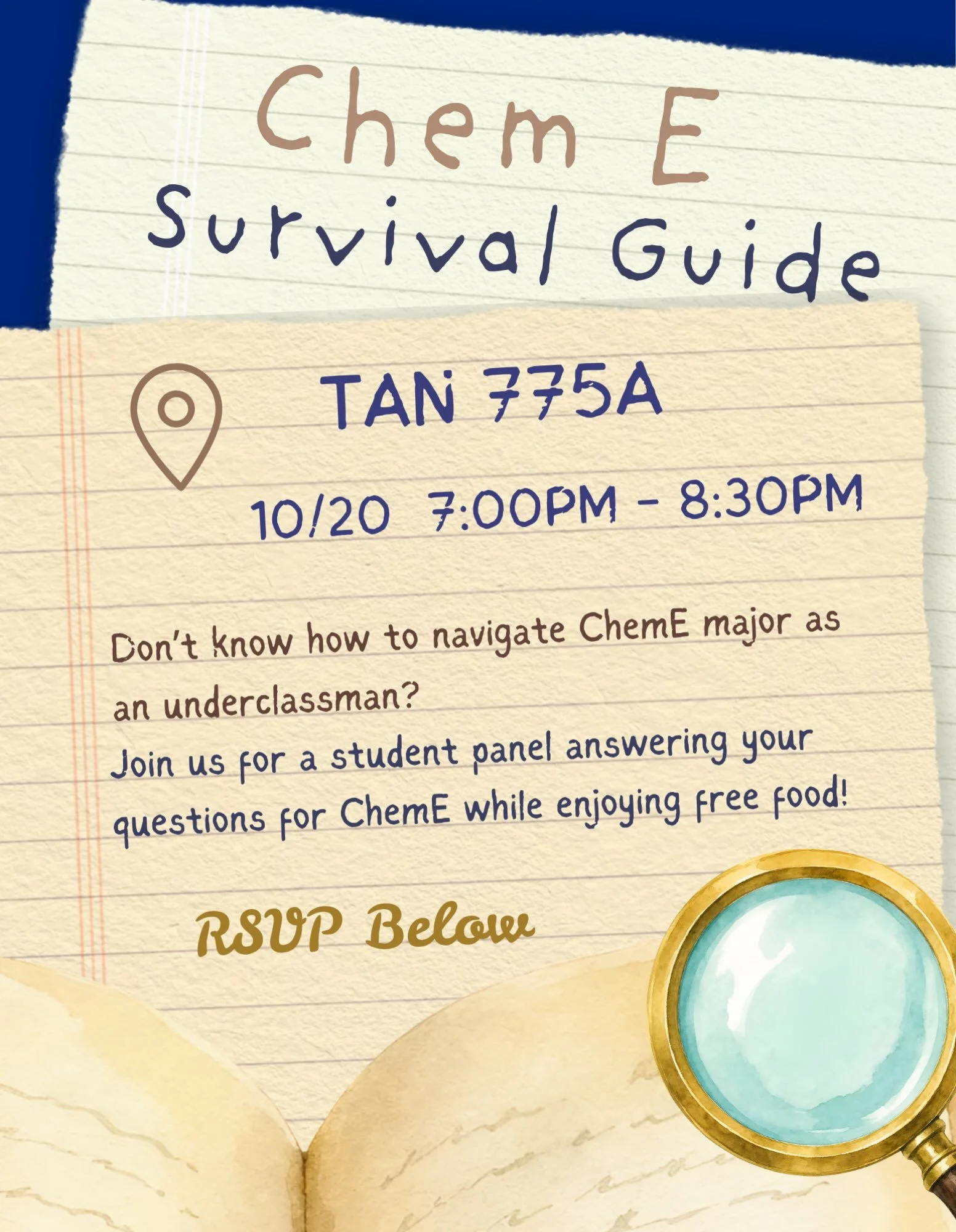 Join us for a ChemE Survival Guide featuring a student panel that will answer questions about the major, classes, and opportunities within Chemical Engineering. Submit questions ahead of time through the RSVP form linked in the email.

https://docs.g