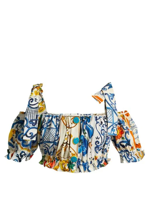 dolce & gabbana || majolica-print-cotton-off-the-shoulder-top