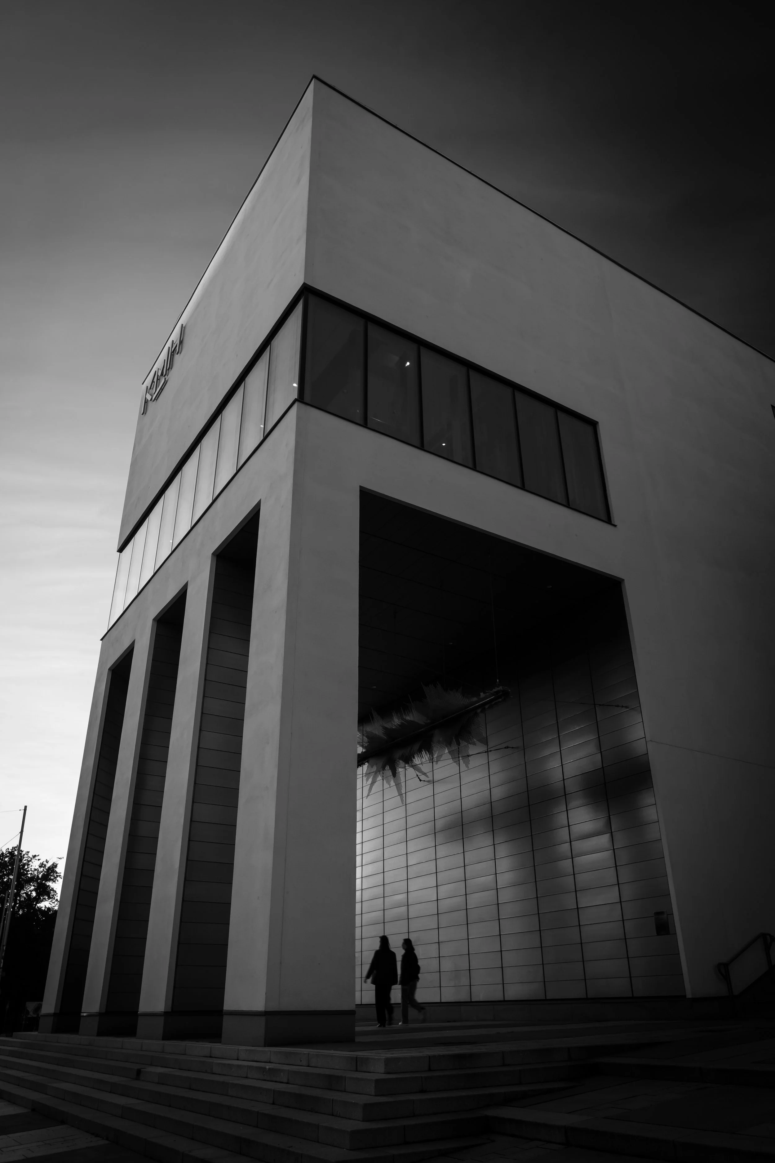 A modern, minimalist building with large glass windows and a distinctive archway entrance, black and white photograph.
