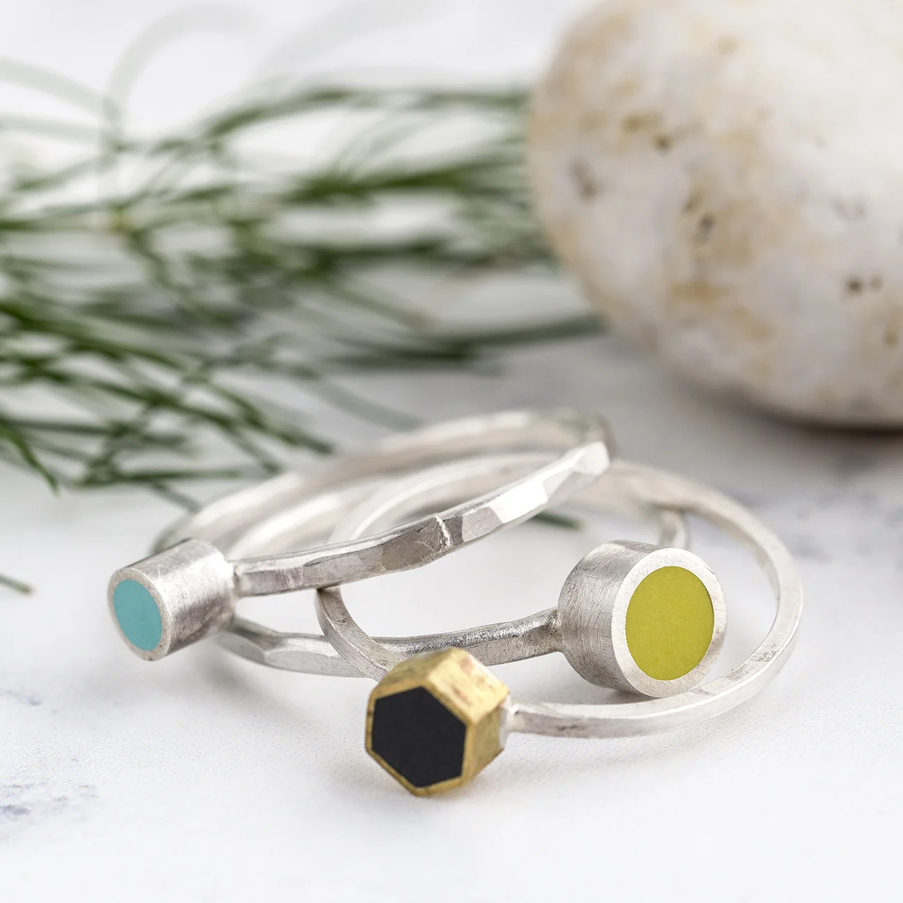 Stack of Colour Design’s polymer clay & silver rings