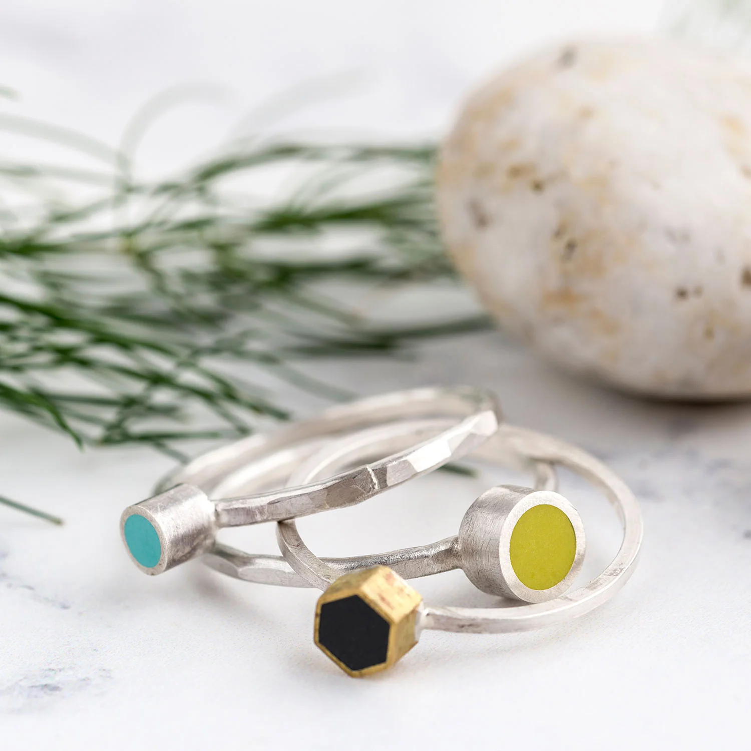 Stack of Colour Design’s polymer clay & silver rings