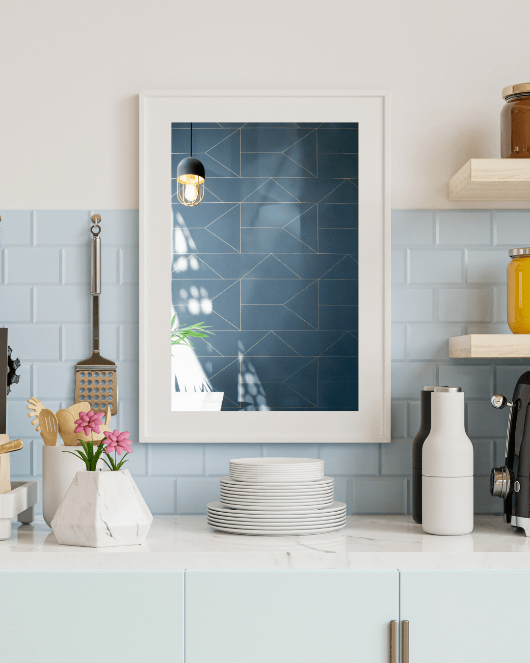 Bluestone Lane Cafe Blue Tile Wall Art Print — Stripes & Willows