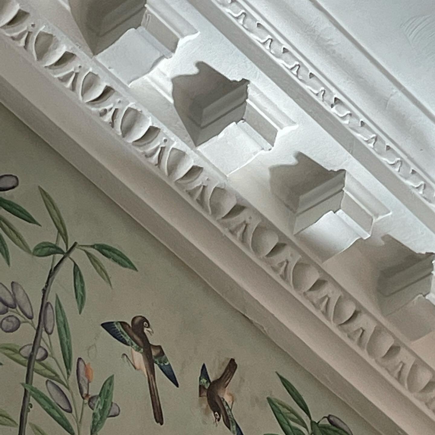 Reflected sunlight on the cornice in The Nelson Bedroom this morning. The beautiful chinoiserie wallpaper is by #watts1874.