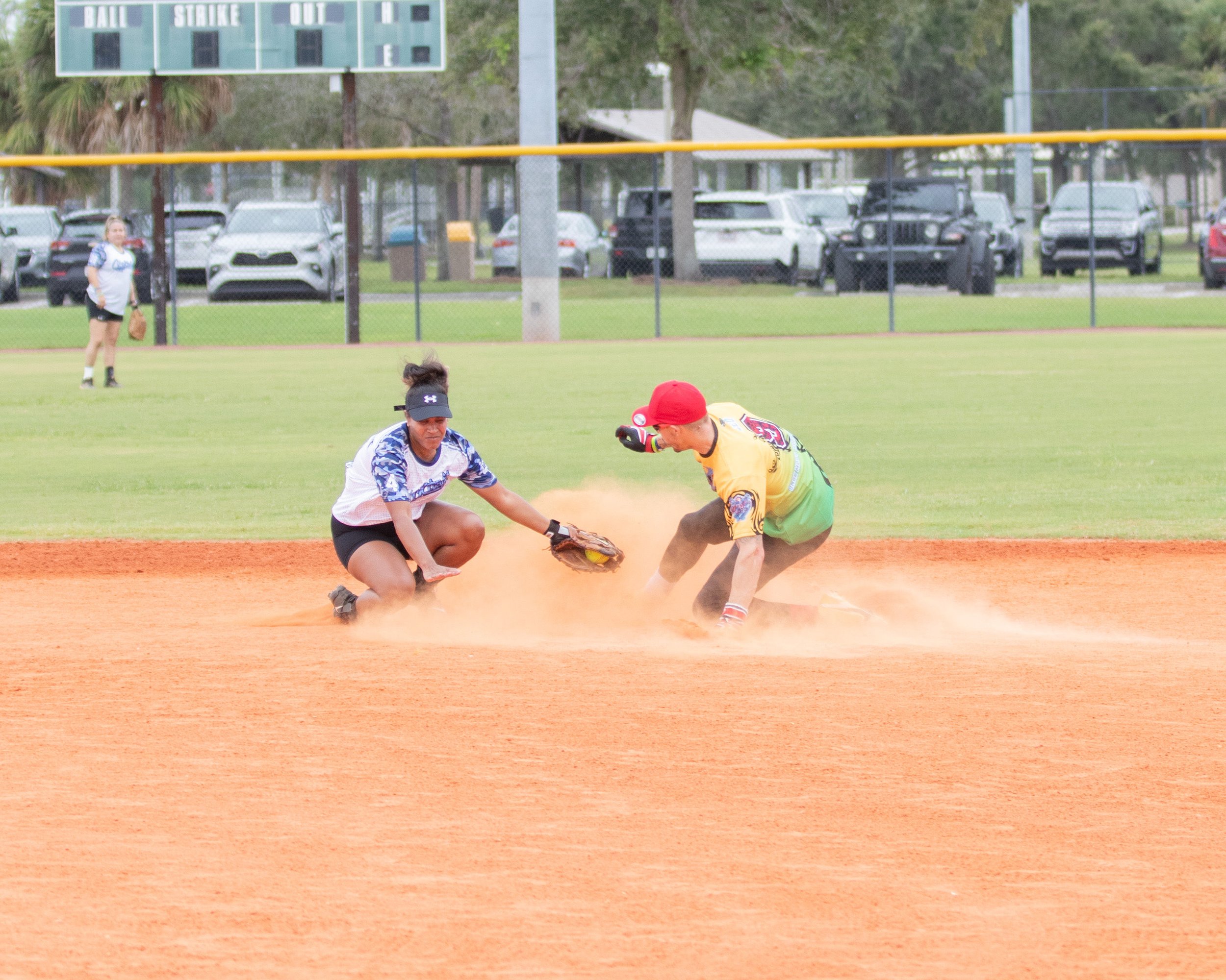 Action - Deanna Durham holds her ground for force-out evn though crtritics will claim ump called him safe.JPG